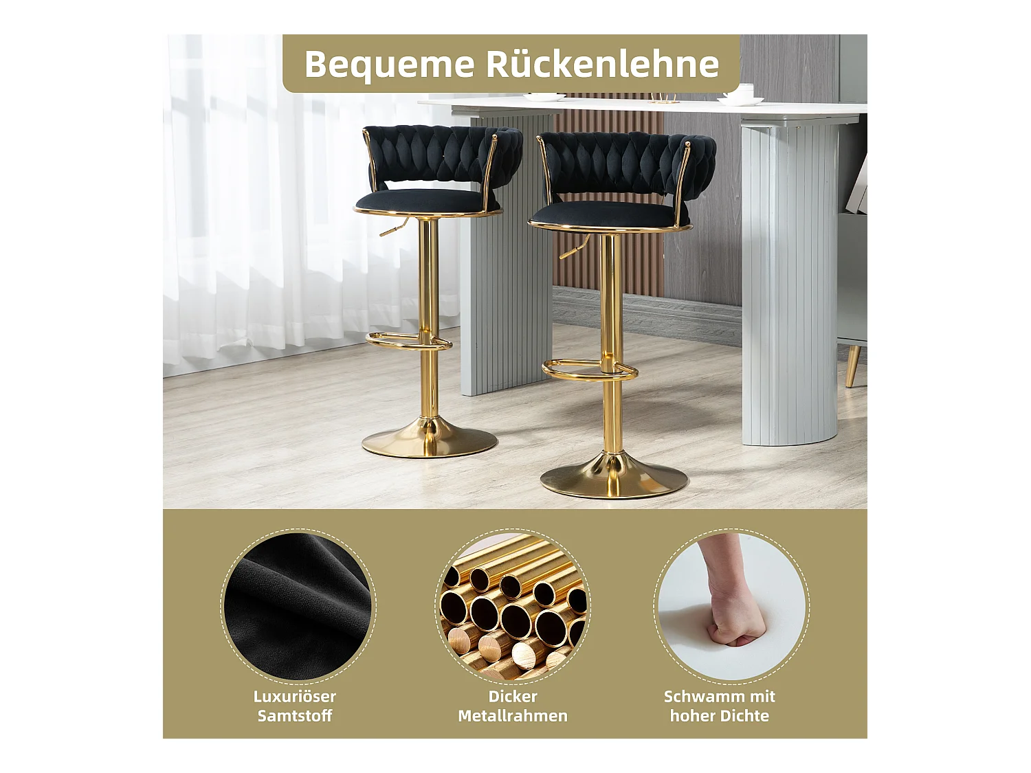 2er-Set 360° drehbare und höhenverstellbare Barhocker mit Fußstütze, Samt, Schwarz und Silber