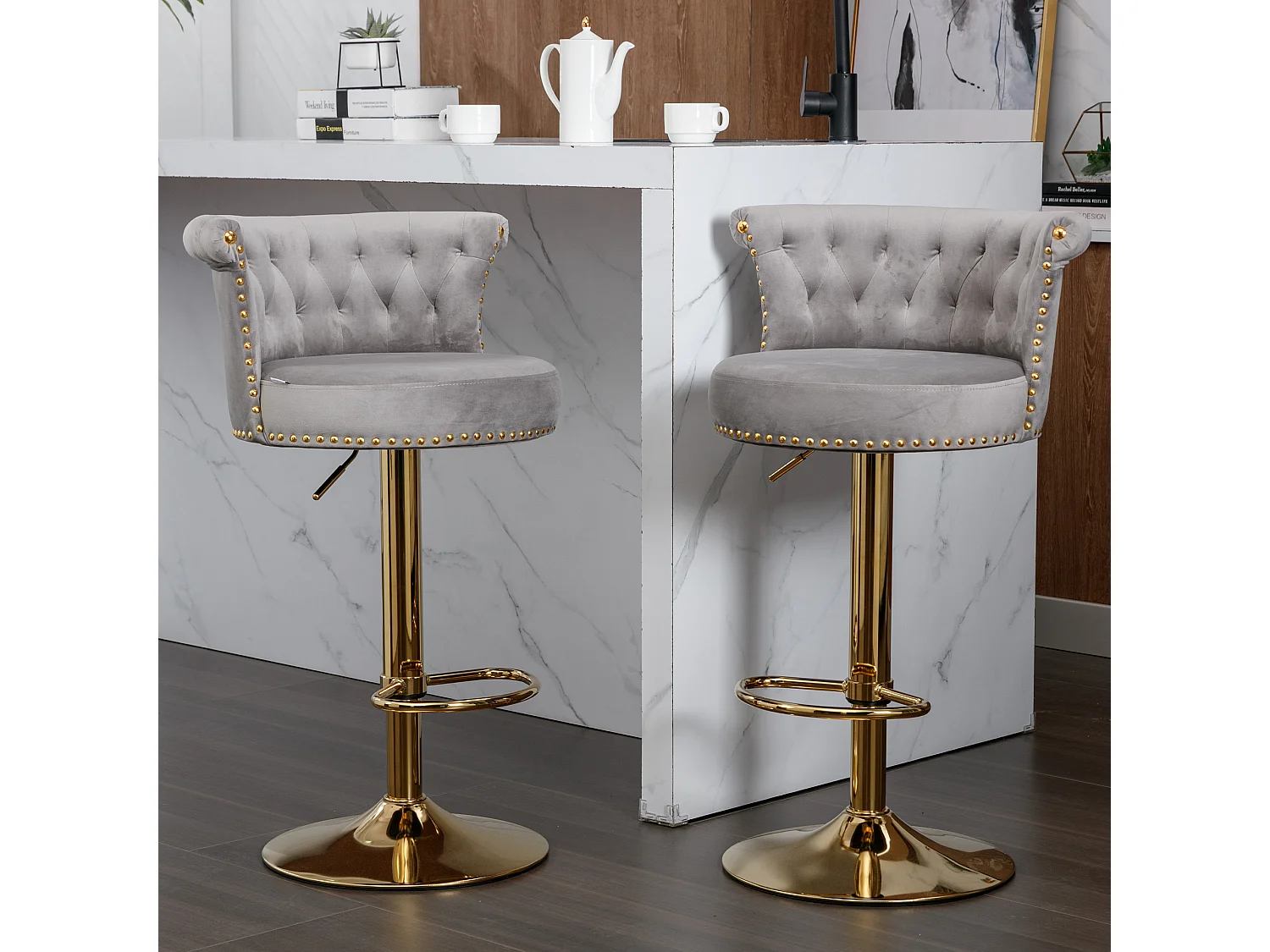 Draaibare barkrukken, verstelbare barstoelen, met voetenbank voor keuken/eetkamer, grijs, 2-delige set