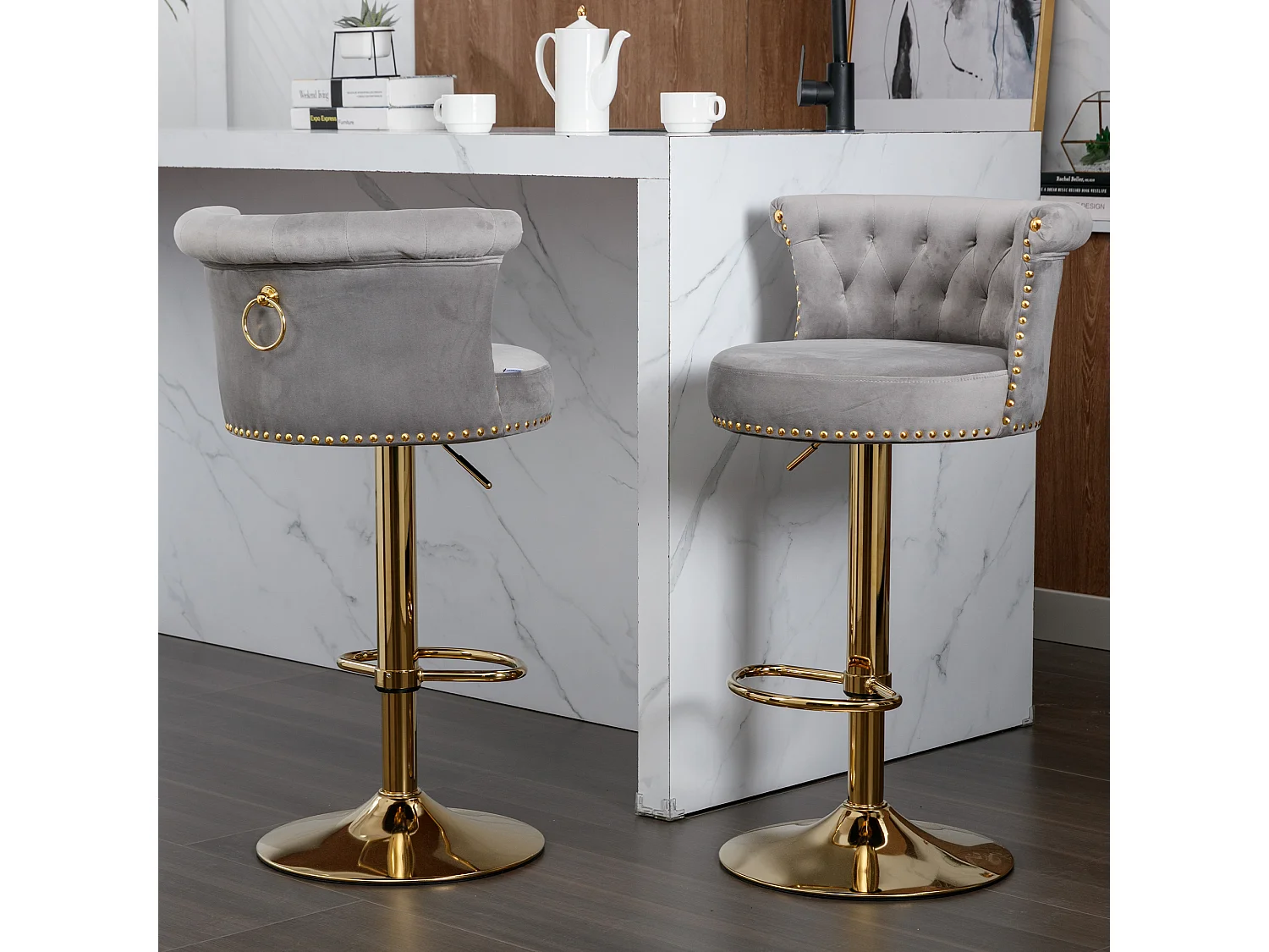 Draaibare barkrukken, verstelbare barstoelen, met voetenbank voor keuken/eetkamer, grijs, 2-delige set