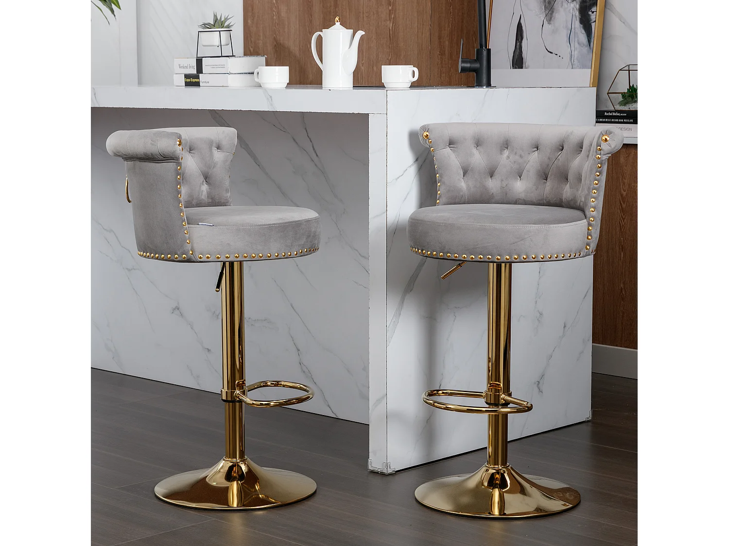 Draaibare barkrukken, verstelbare barstoelen, met voetenbank voor keuken/eetkamer, grijs, 2-delige set