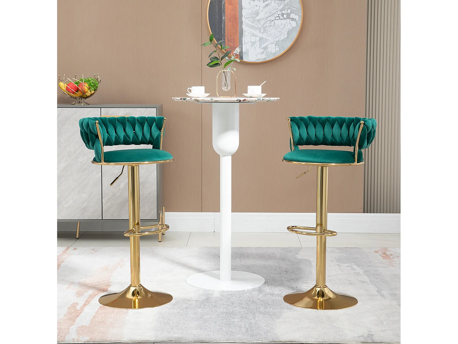 Set de 2 Tabourets de bar pivotantes à 360° et réglables en hauteur avec repose-pieds, velours, vert et argent