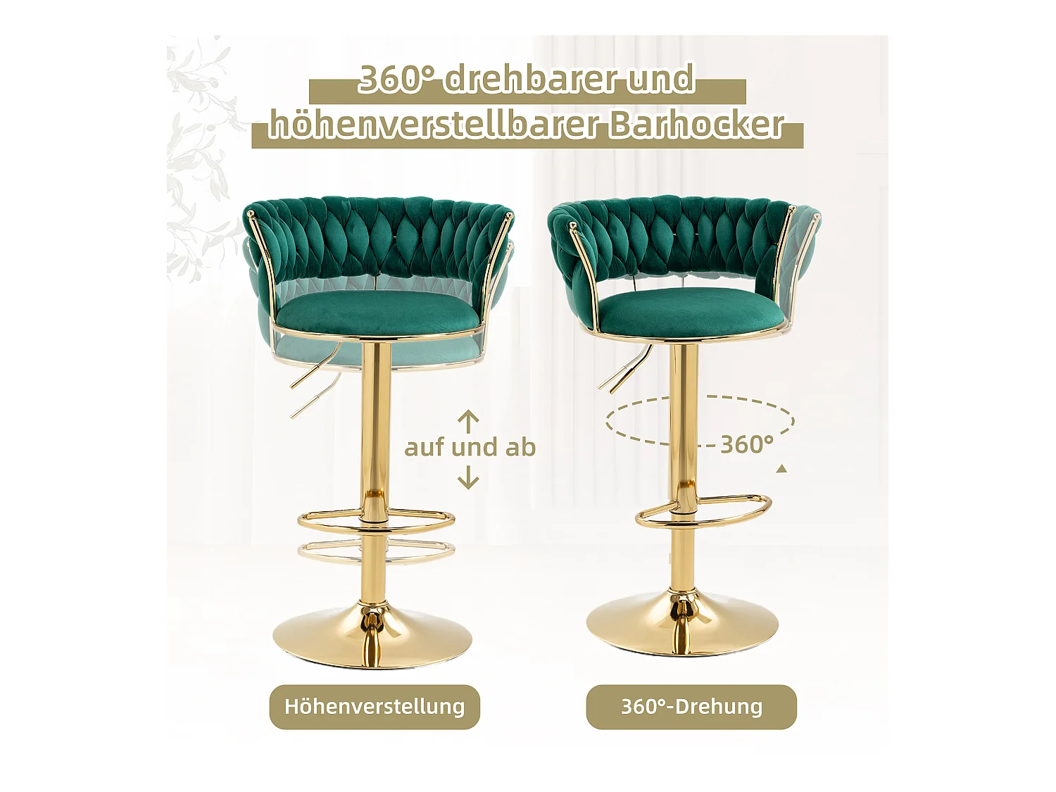 Set de 2 Tabourets de bar pivotantes à 360° et réglables en hauteur avec repose-pieds, velours, vert et argent