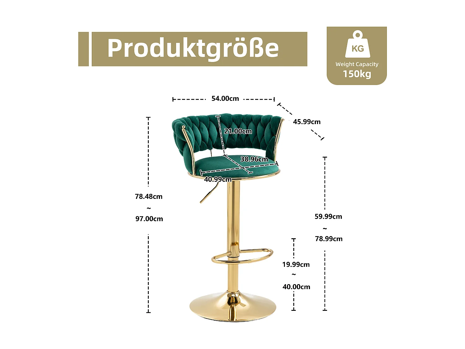Set de 2 Tabourets de bar pivotantes à 360° et réglables en hauteur avec repose-pieds, velours, vert et argent