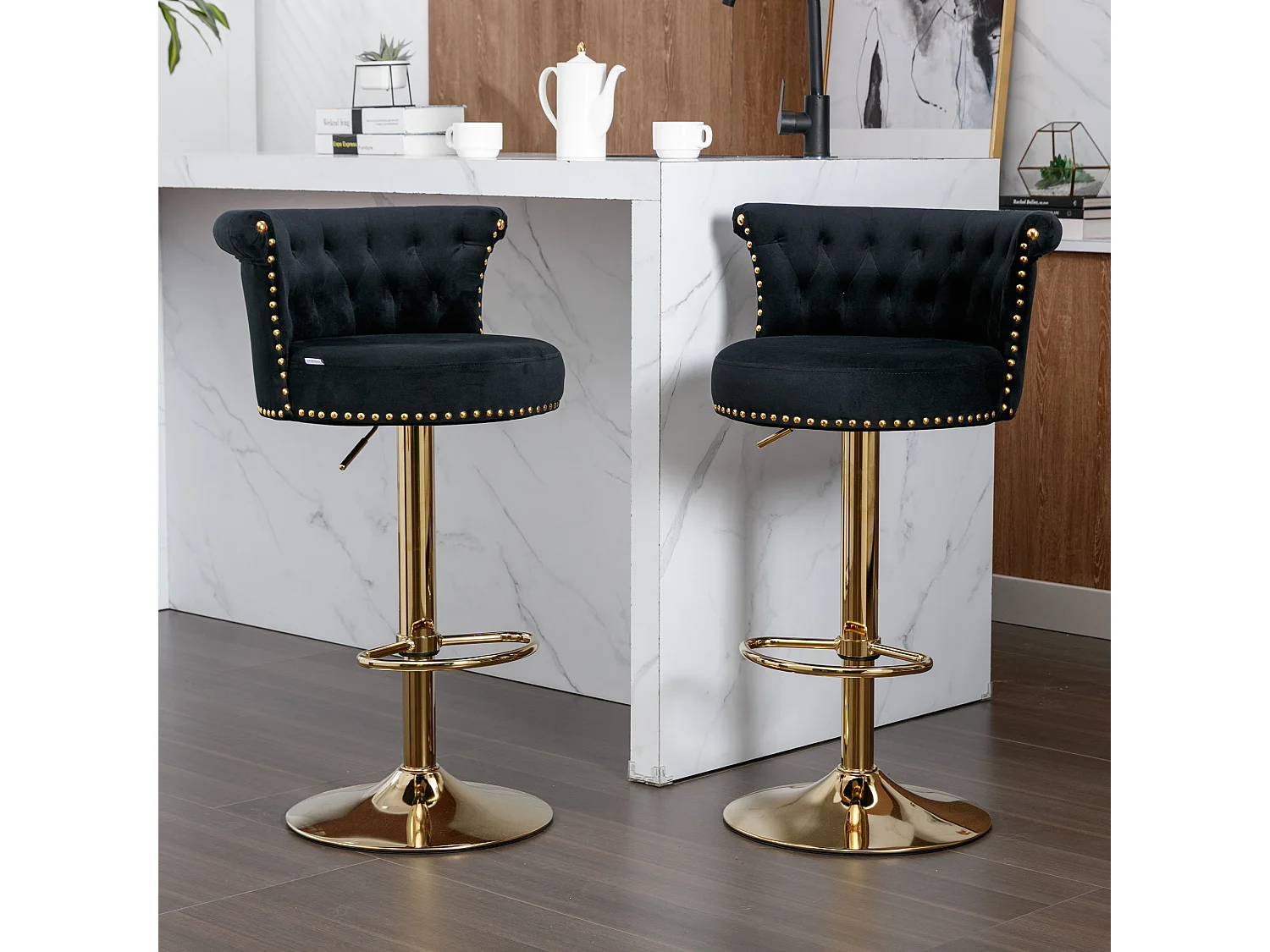 Drehbare Barhocker, verstellbare Thekenstühle, mit Fußstütze für Küche und Esszimmer, Schwarz, 2-teiliges Set