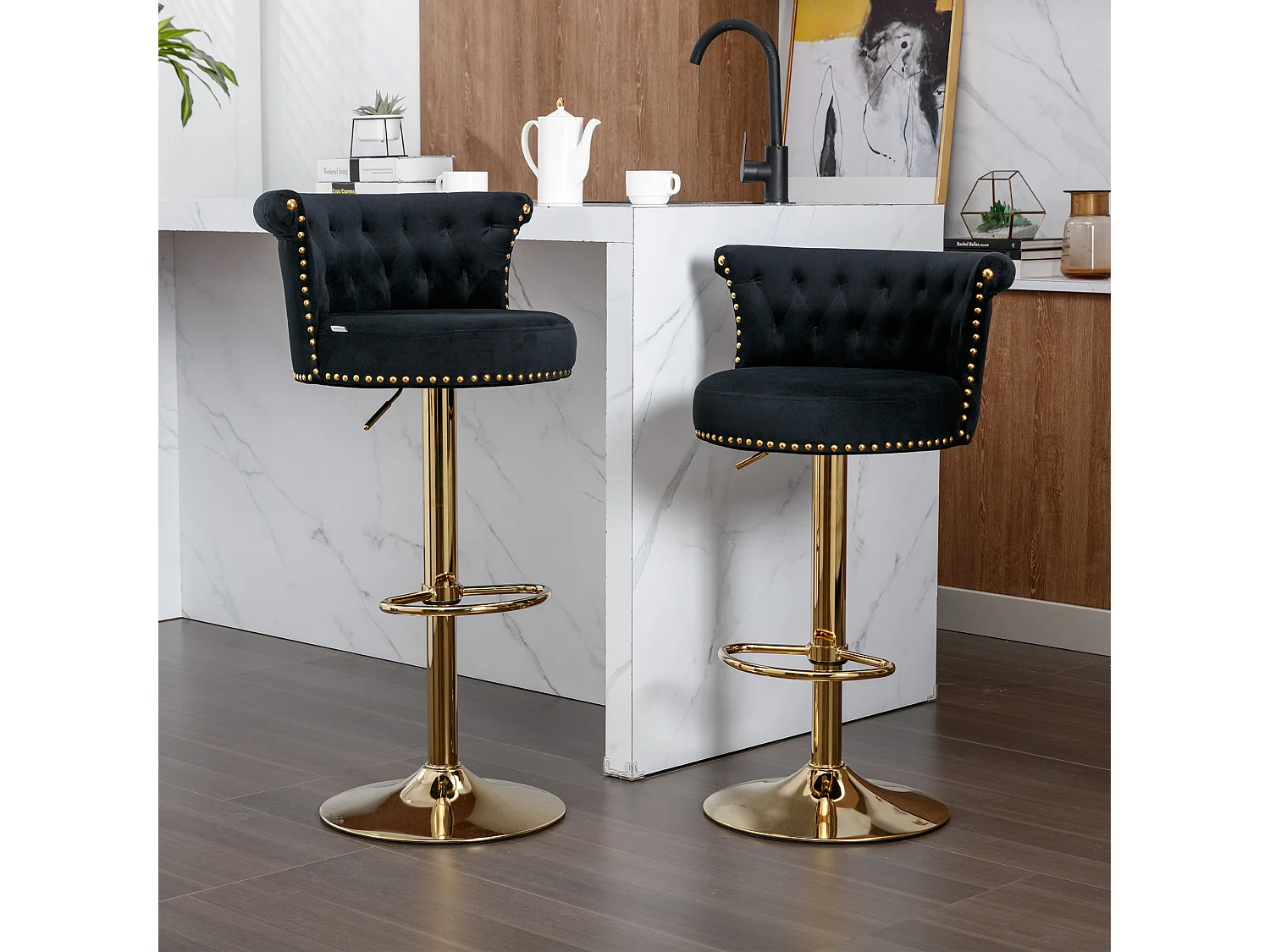 Drehbare Barhocker, verstellbare Thekenstühle, mit Fußstütze für Küche und Esszimmer, Schwarz, 2-teiliges Set