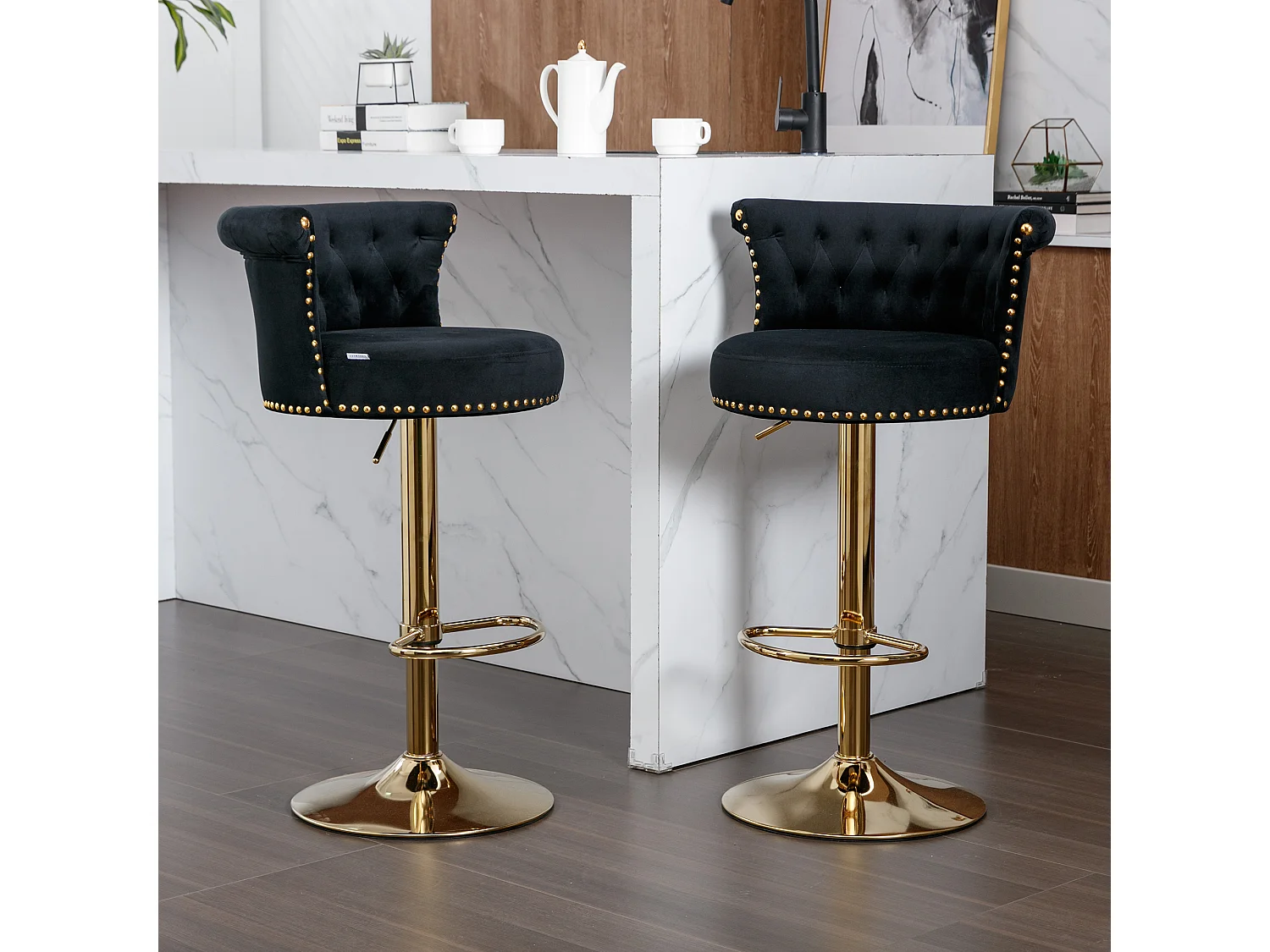 Drehbare Barhocker, verstellbare Thekenstühle, mit Fußstütze für Küche und Esszimmer, Schwarz, 2-teiliges Set