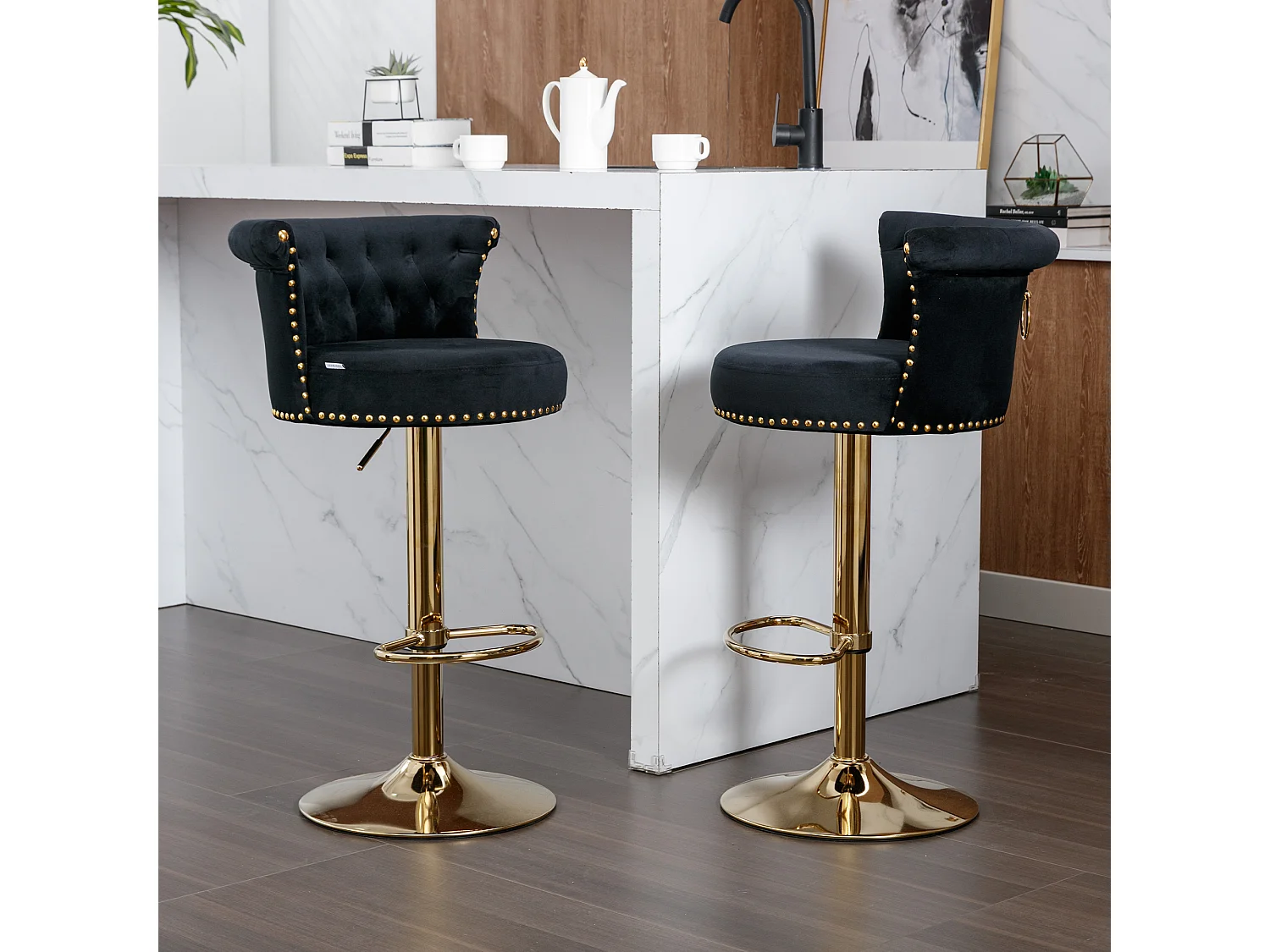 Drehbare Barhocker, verstellbare Thekenstühle, mit Fußstütze für Küche und Esszimmer, Schwarz, 2-teiliges Set