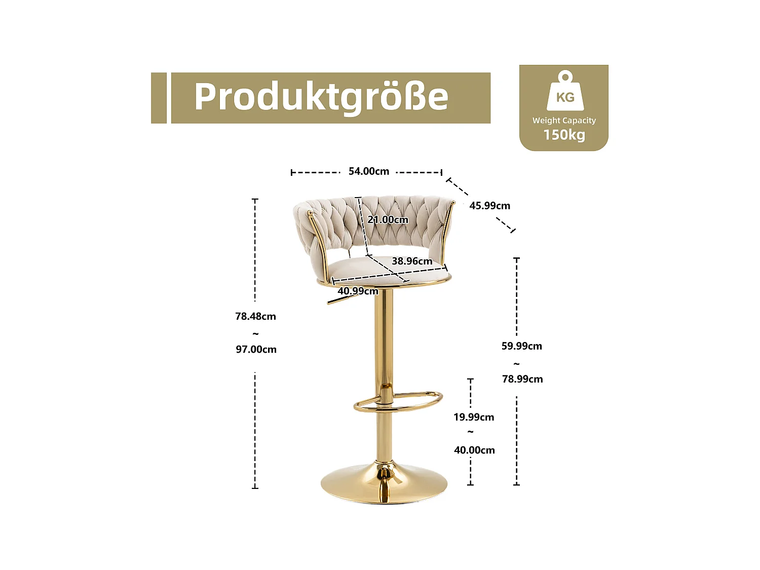 Set de 2 Tabourets de bar pivotantes à 360° et réglables en hauteur avec repose-pieds, velours, beige et argent