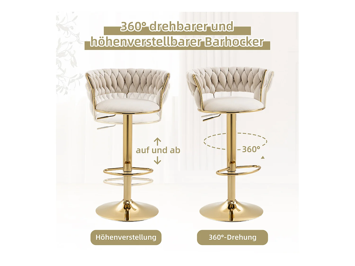 Set de 2 Tabourets de bar pivotantes à 360° et réglables en hauteur avec repose-pieds, velours, beige et argent