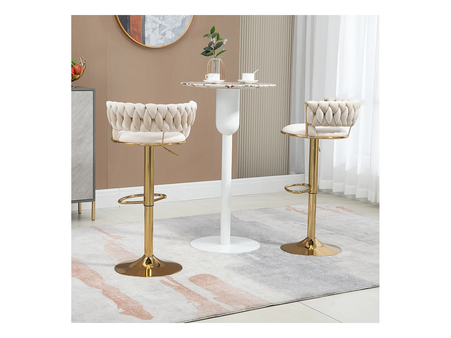 Set de 2 Tabourets de bar pivotantes à 360° et réglables en hauteur avec repose-pieds, velours, beige et argent