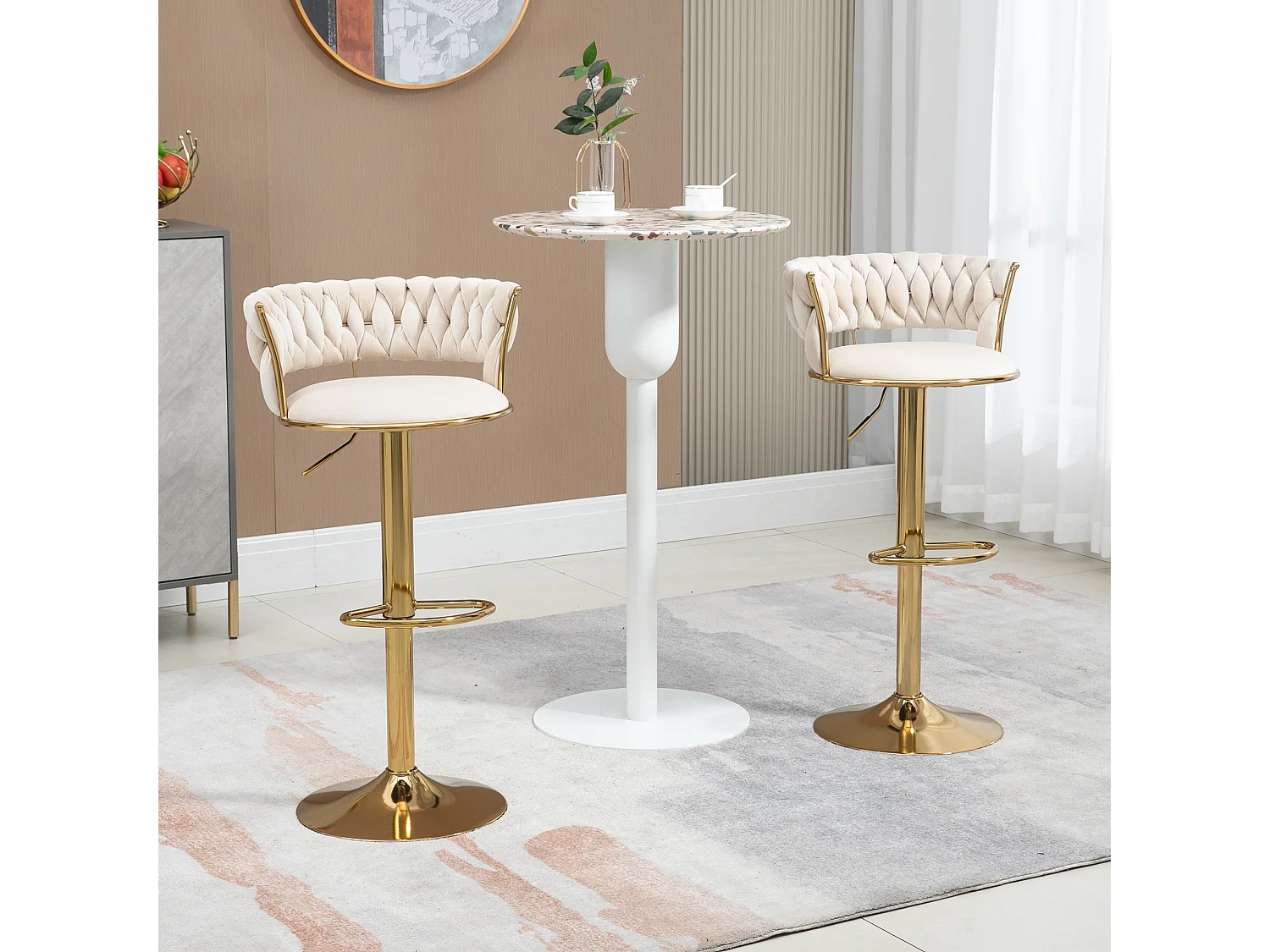 Set de 2 Tabourets de bar pivotantes à 360° et réglables en hauteur avec repose-pieds, velours, beige et argent