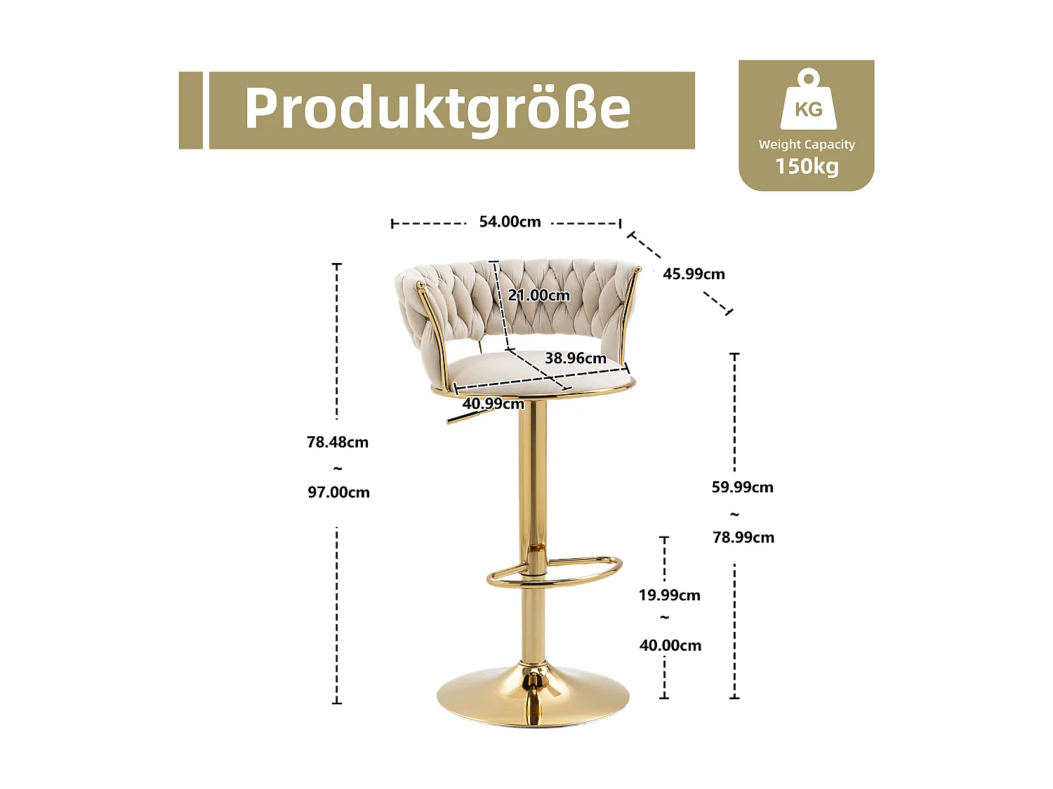 Set de 2 Tabourets de bar pivotantes à 360° et réglables en hauteur avec repose-pieds, velours, beige et argent