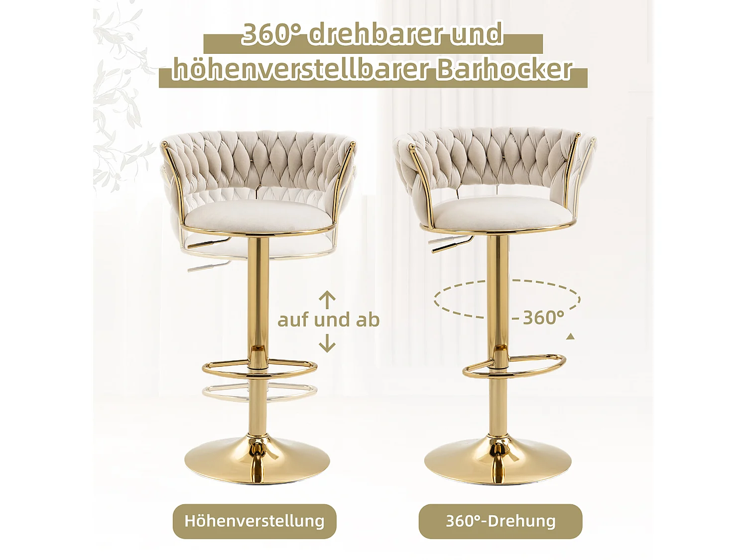 Set de 2 Tabourets de bar pivotantes à 360° et réglables en hauteur avec repose-pieds, velours, beige et argent
