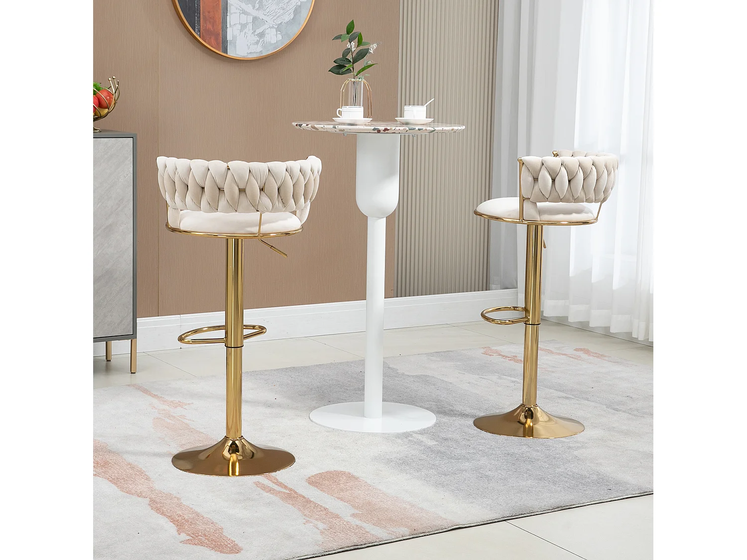 Set de 2 Tabourets de bar pivotantes à 360° et réglables en hauteur avec repose-pieds, velours, beige et argent