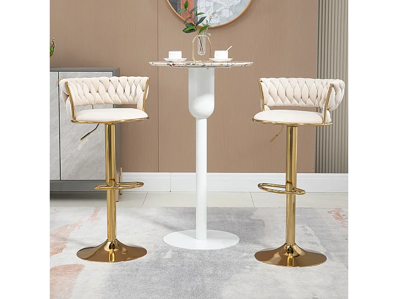 Set di 2 sgabelli da bar girevoli a 360° e regolabili in altezza con poggiapiedi, velluto, beige e argento
