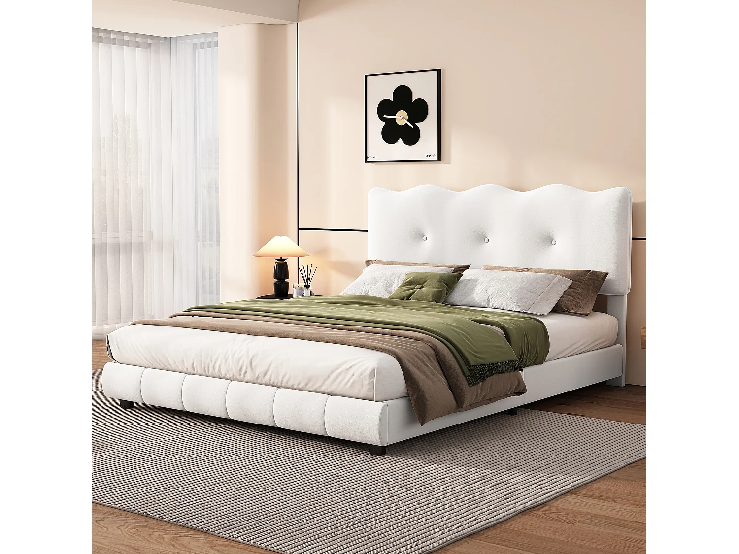 Lit capitonné, 140 x 200 cm, lit avec sommier à lattes (sans matelas), tête de lit vague et nuage, tête de lit réglable, velours, minimaliste, blanc