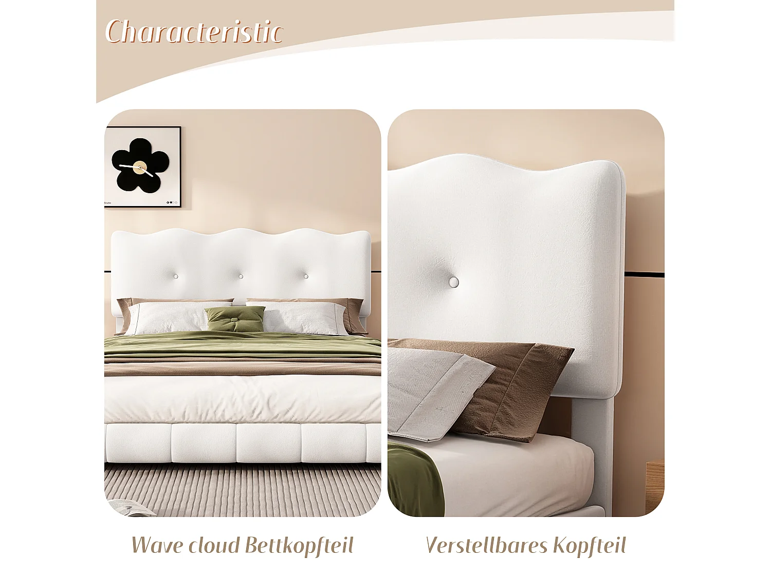 Lit capitonné, 140 x 200 cm, lit avec sommier à lattes (sans matelas), tête de lit vague et nuage, tête de lit réglable, velours, minimaliste, blanc