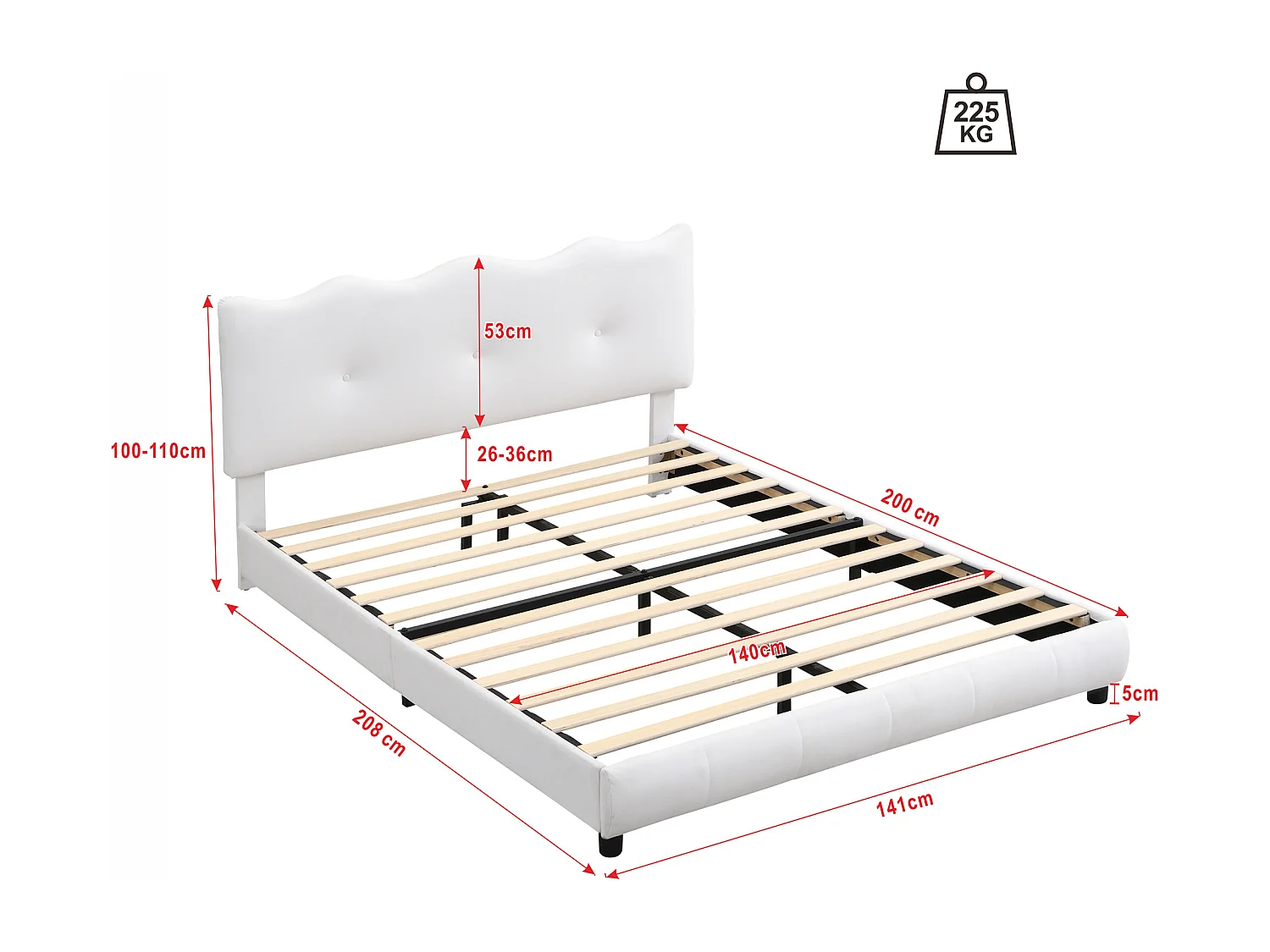 Lit capitonné, 140 x 200 cm, lit avec sommier à lattes (sans matelas), tête de lit vague et nuage, tête de lit réglable, velours, minimaliste, blanc