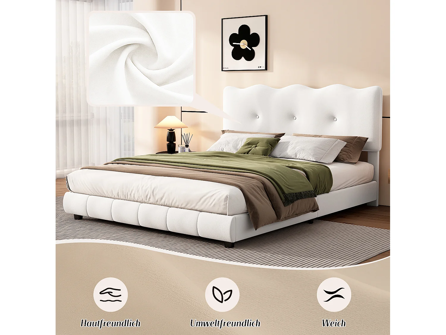 Lit capitonné, 140 x 200 cm, lit avec sommier à lattes (sans matelas), tête de lit vague et nuage, tête de lit réglable, velours, minimaliste, blanc