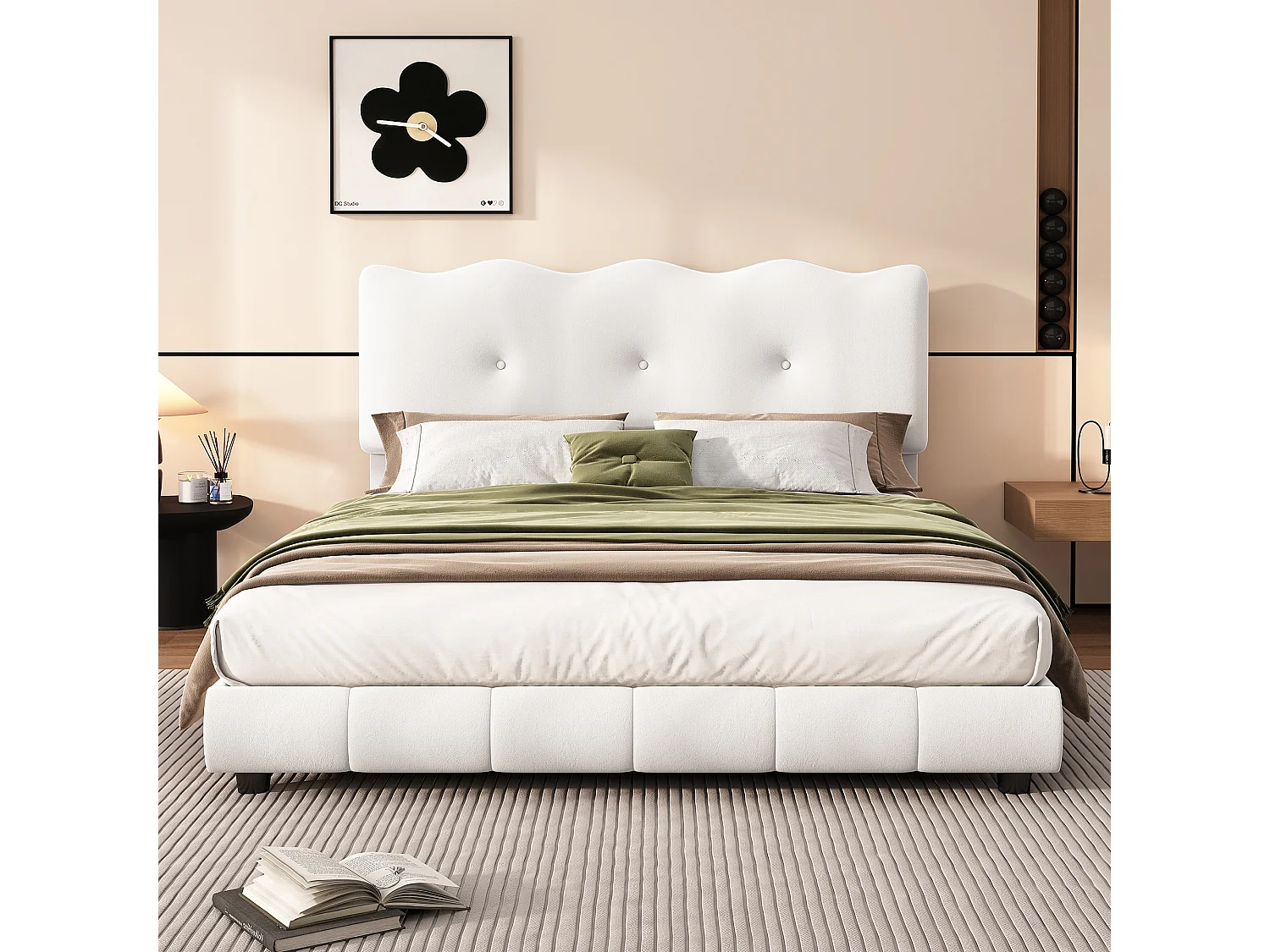 Lit capitonné, 140 x 200 cm, lit avec sommier à lattes (sans matelas), tête de lit vague et nuage, tête de lit réglable, velours, minimaliste, blanc