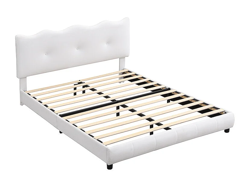 Lit capitonné, 140 x 200 cm, lit avec sommier à lattes (sans matelas), tête de lit vague et nuage, tête de lit réglable, velours, minimaliste, blanc