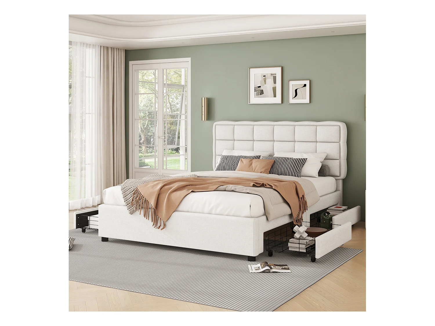 Lit capitonné 140x200cm lit double avec sommier à lattes 4 tiroirs style minimaliste - beige