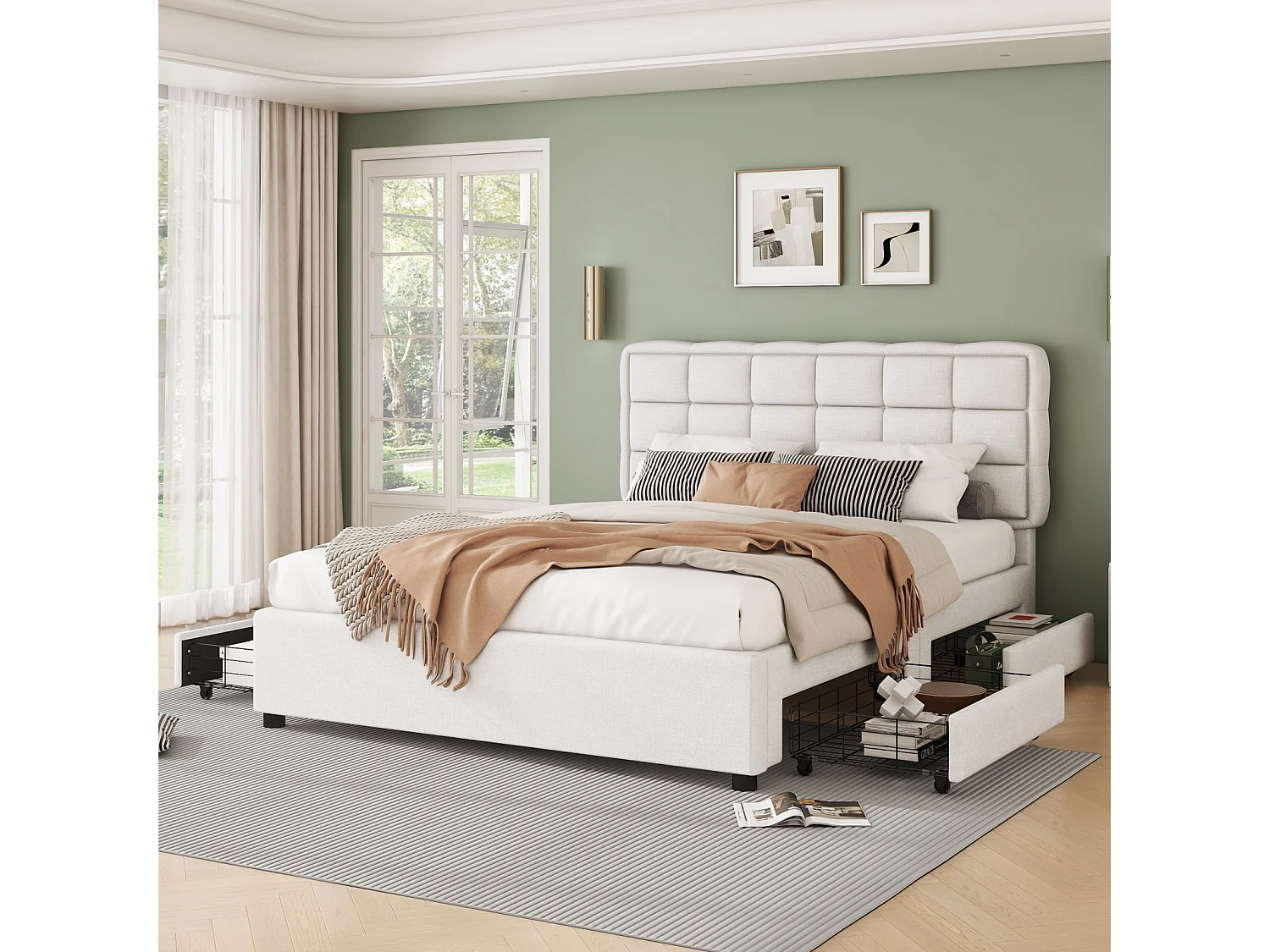 Lit capitonné 140x200cm lit double avec sommier à lattes 4 tiroirs style minimaliste - beige