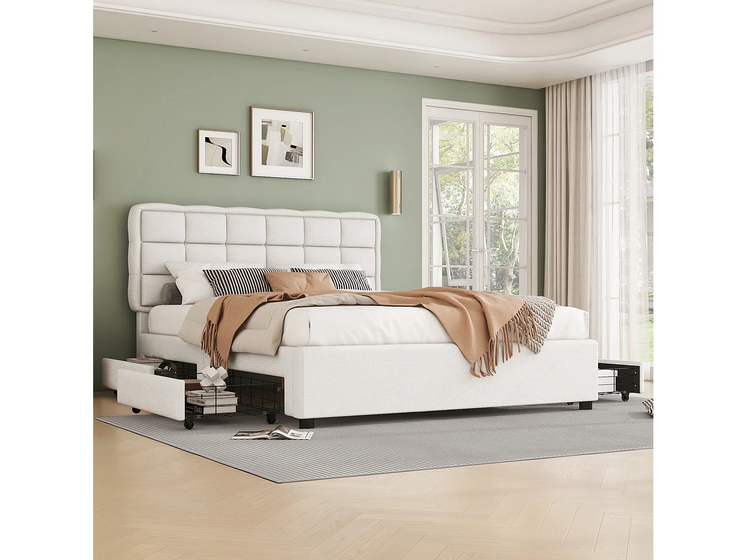 Lit capitonné 140x200cm lit double avec sommier à lattes 4 tiroirs style minimaliste - beige