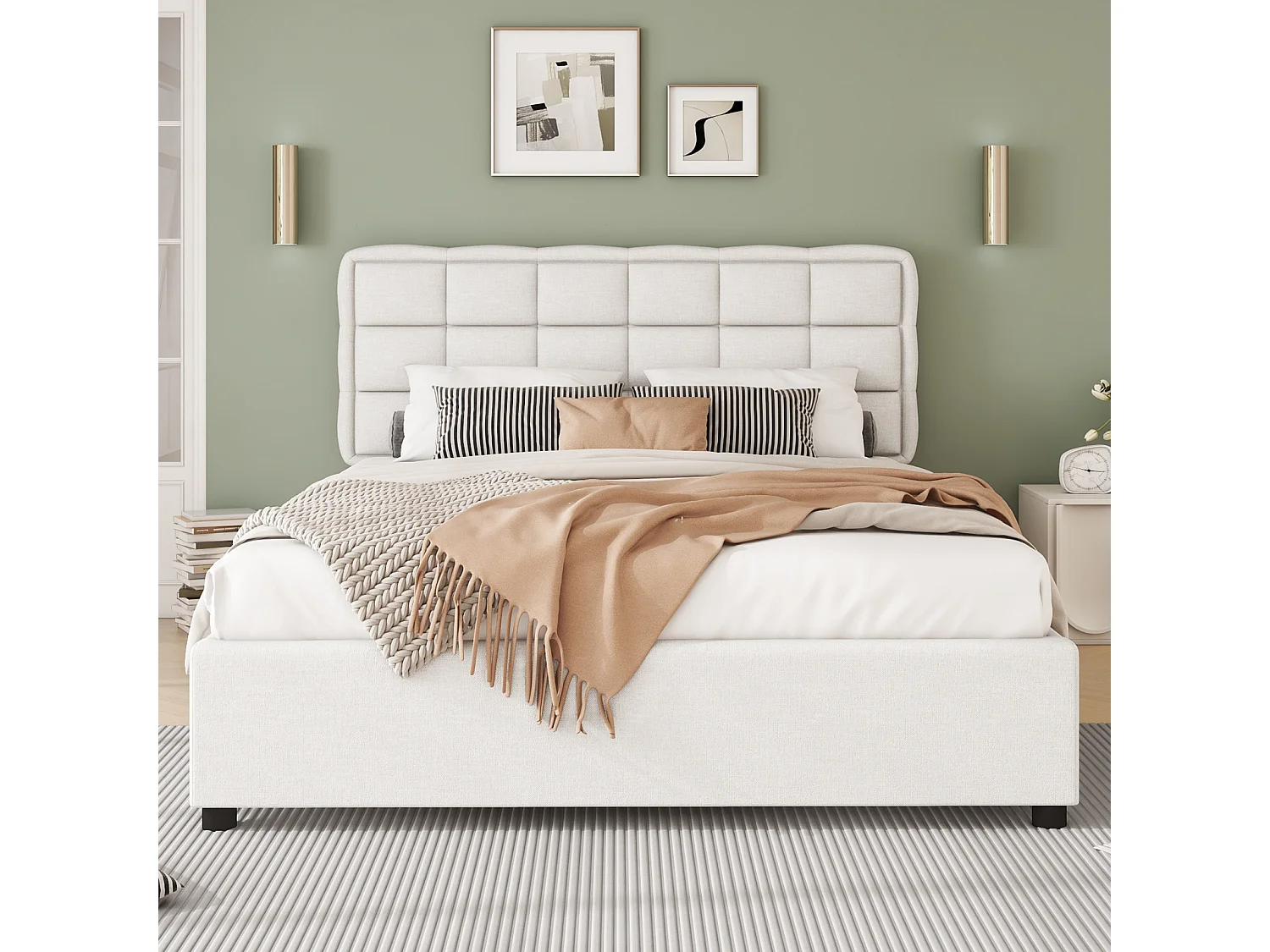 Lit capitonné 140x200cm lit double avec sommier à lattes 4 tiroirs style minimaliste - beige