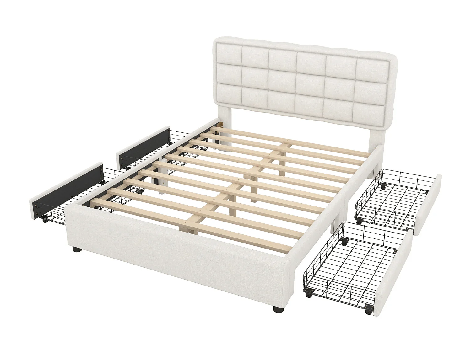 Lit capitonné 140x200cm lit double avec sommier à lattes 4 tiroirs style minimaliste - beige