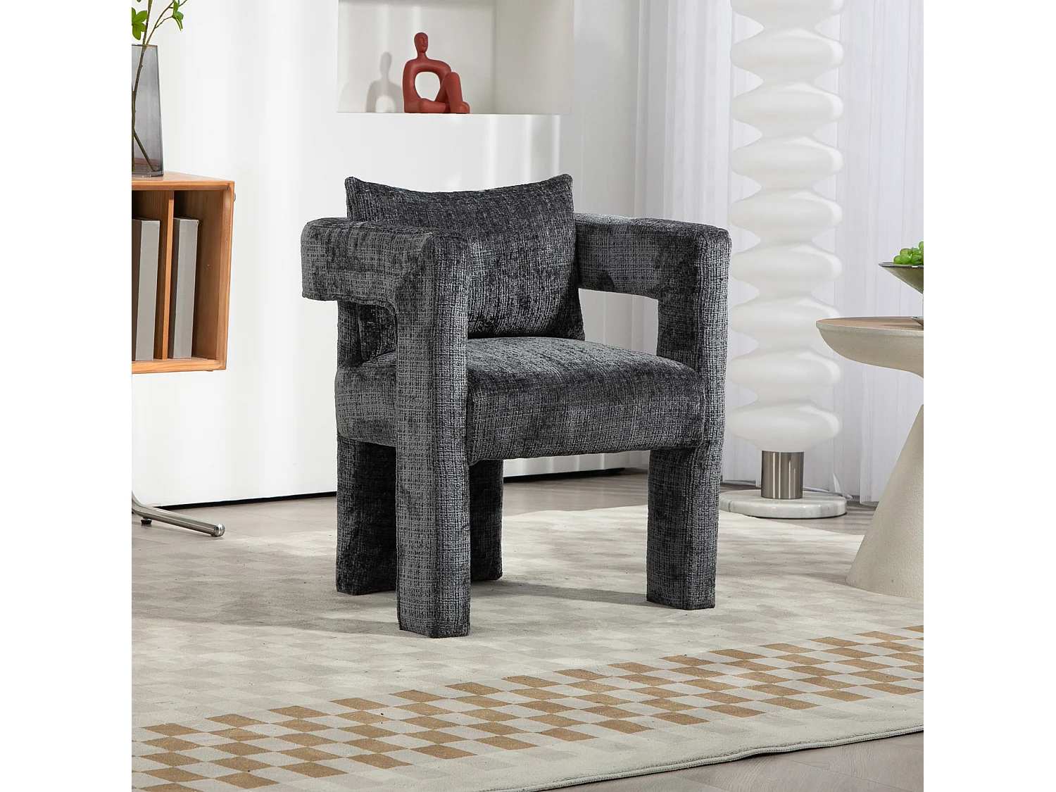 Poltrona escandinava com almofada confortável, design único com braços vazados, em tecido chenille, 60x44x65cm, cinzento