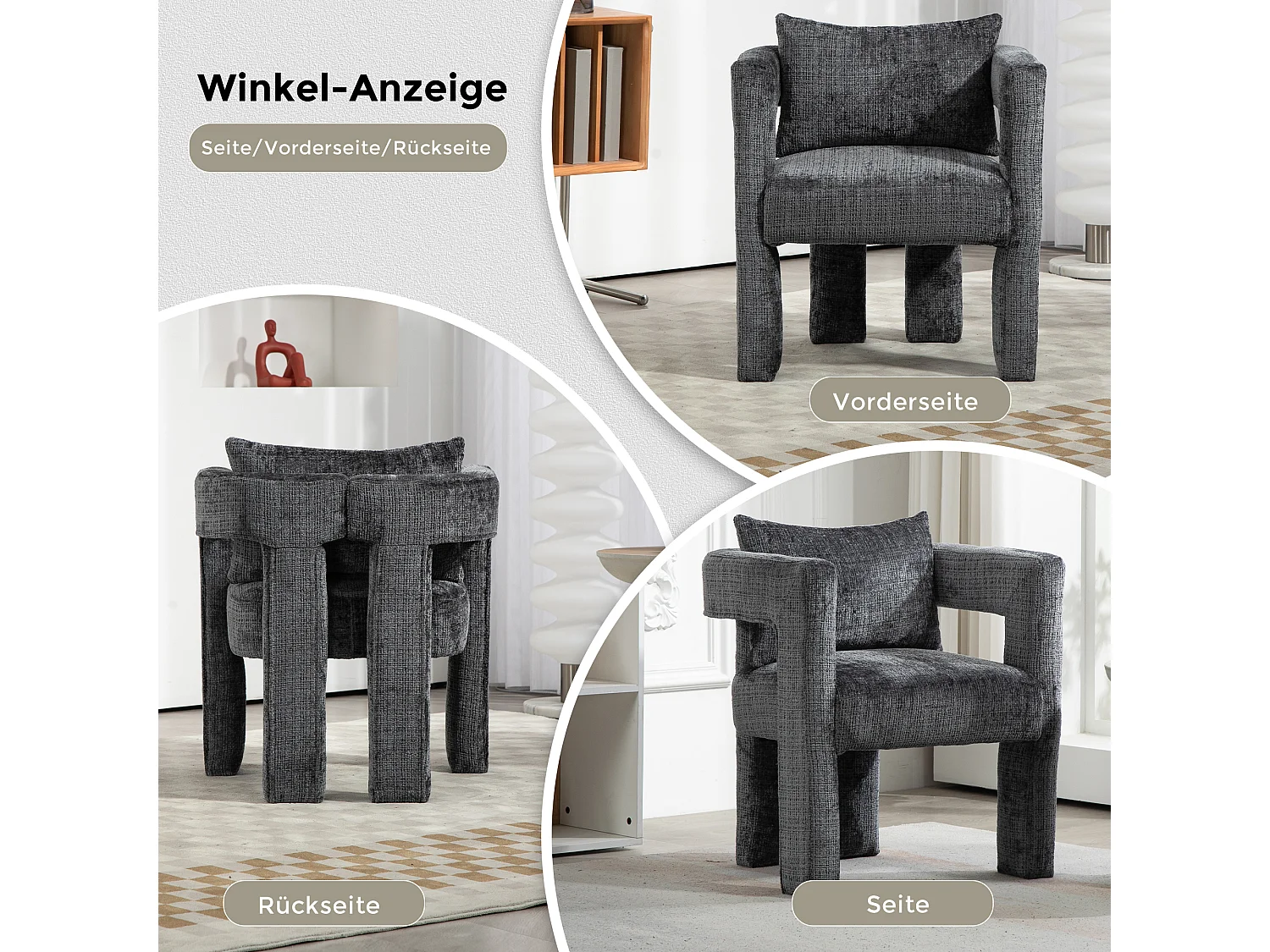 Poltrona escandinava com almofada confortável, design único com braços vazados, em tecido chenille, 60x44x65cm, cinzento