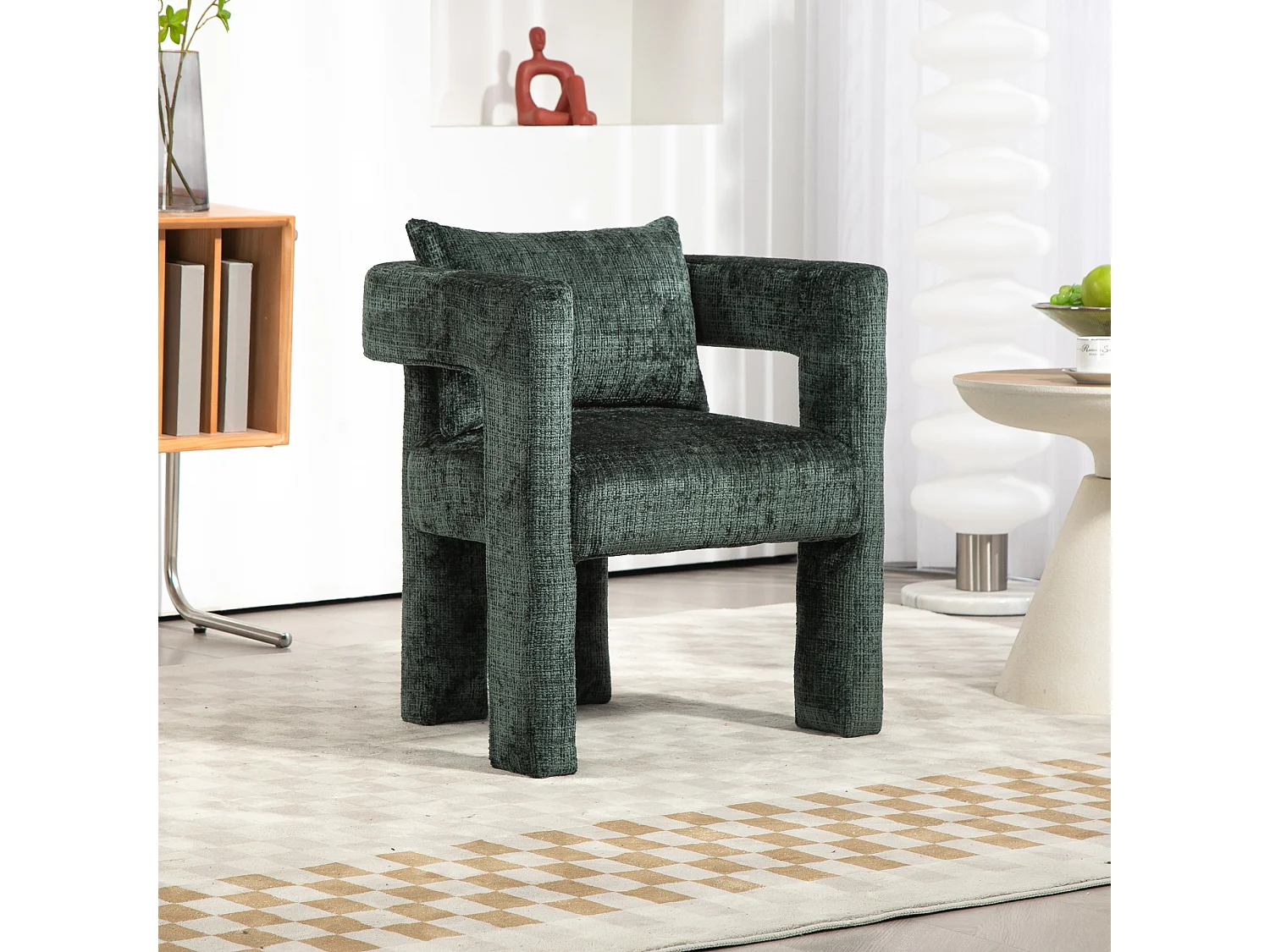 Fauteuil scandinave avec coussin confortable, design unique avec accoudoirs creux, en tissu chenille, 60x44x65cm, Vert