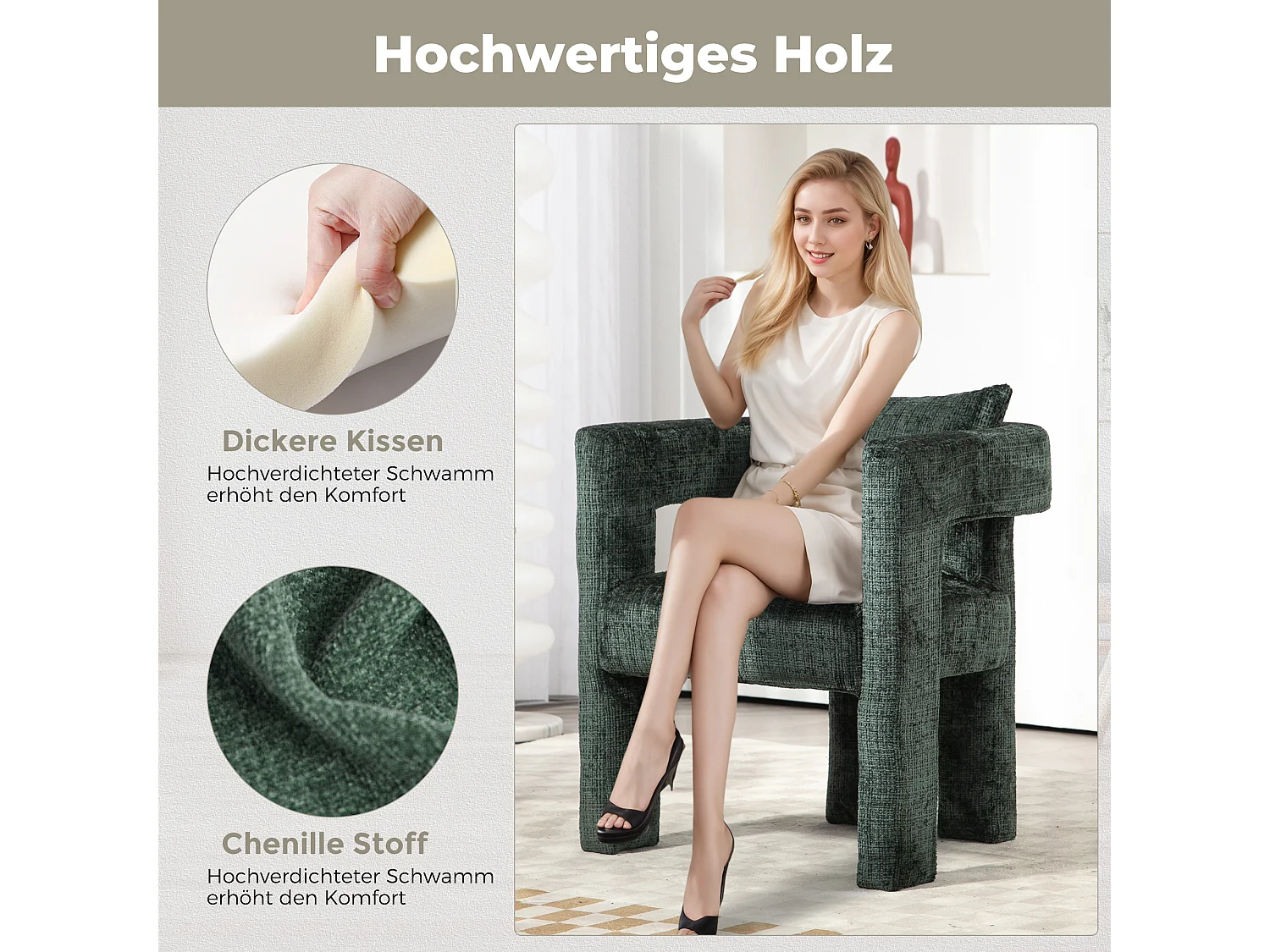 Fauteuil scandinave avec coussin confortable, design unique avec accoudoirs creux, en tissu chenille, 60x44x65cm, Vert