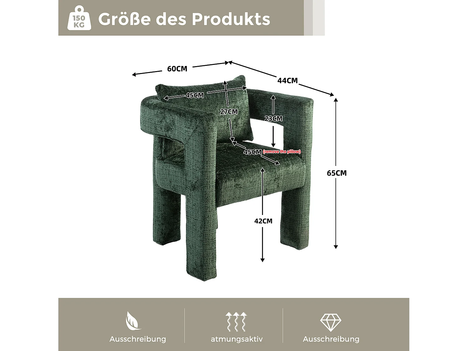 Fauteuil scandinave avec coussin confortable, design unique avec accoudoirs creux, en tissu chenille, 60x44x65cm, Vert
