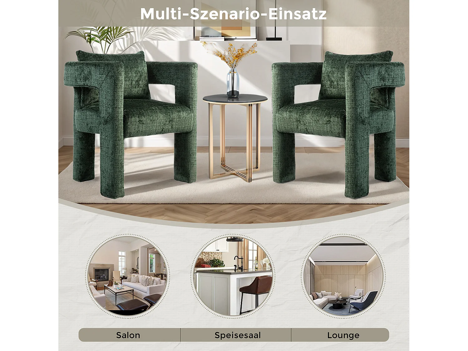 Fauteuil scandinave avec coussin confortable, design unique avec accoudoirs creux, en tissu chenille, 60x44x65cm, Vert