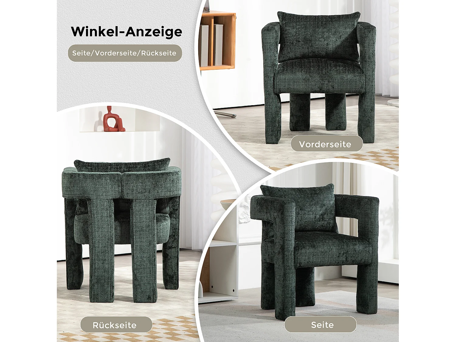 Fauteuil scandinave avec coussin confortable, design unique avec accoudoirs creux, en tissu chenille, 60x44x65cm, Vert
