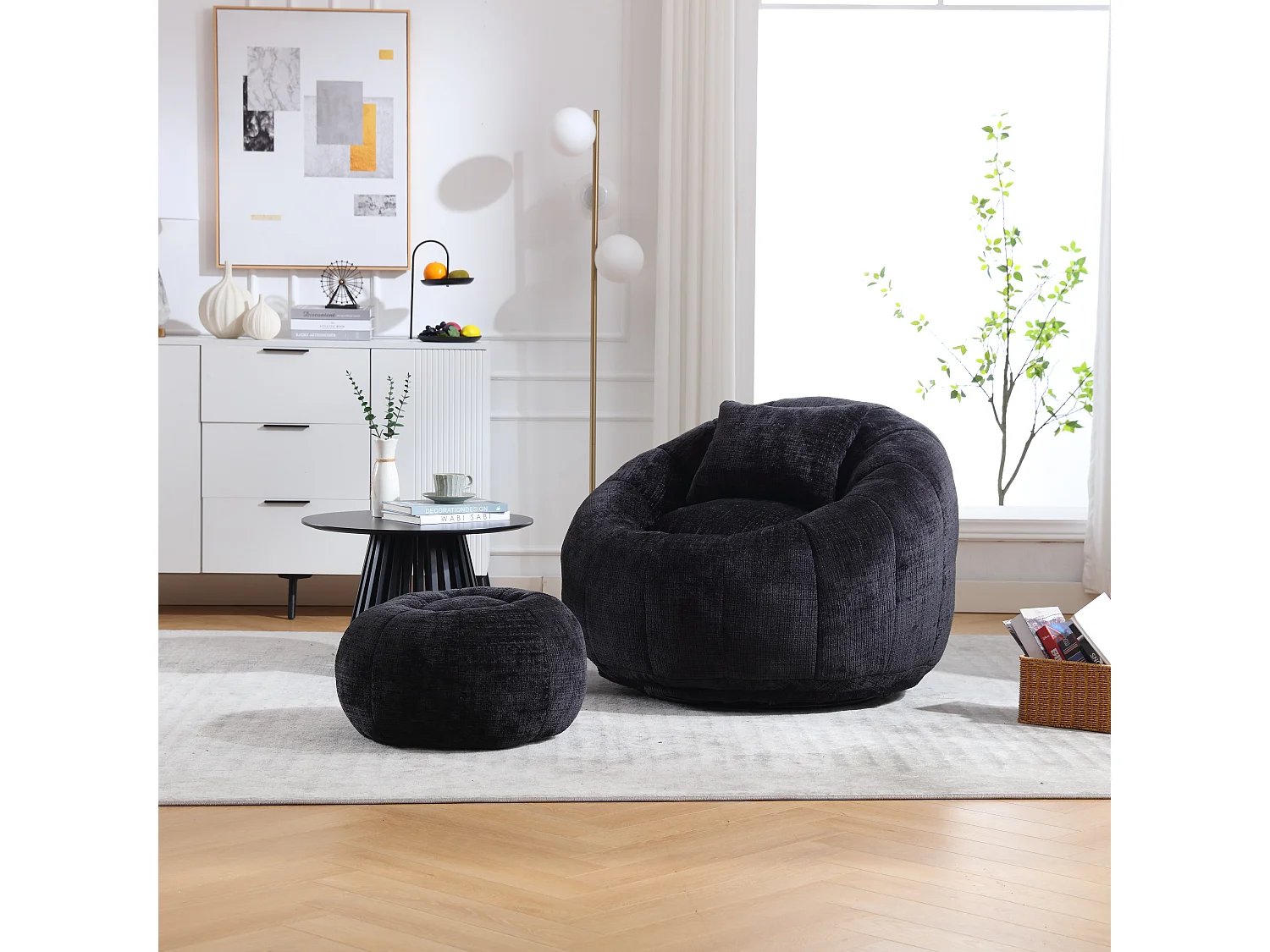 Fauteuil poire rotatif rond en chenille, avec pouf, rempli de mousse à mémoire haute densité, fauteuil paresseux pour salon, chambre, noir