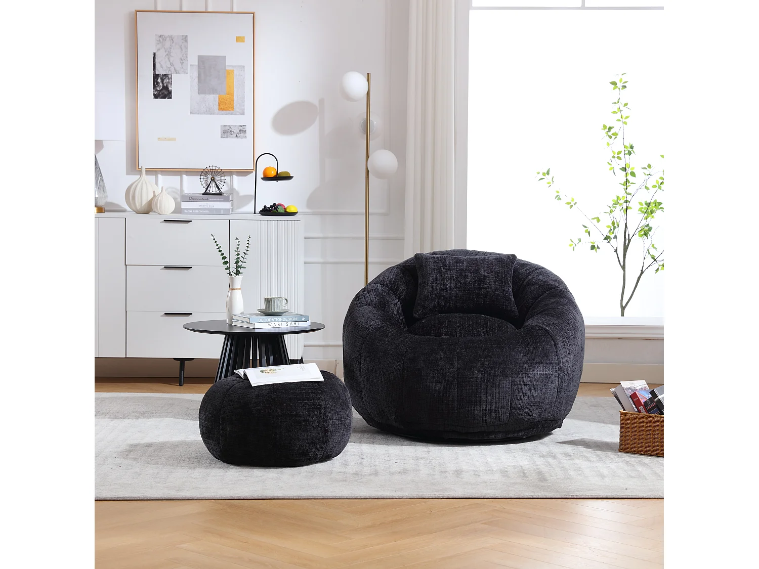 Fauteuil poire rotatif rond en chenille, avec pouf, rempli de mousse à mémoire haute densité, fauteuil paresseux pour salon, chambre, noir