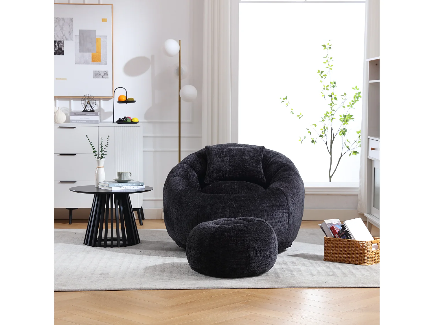 Fauteuil poire rotatif rond en chenille, avec pouf, rempli de mousse à mémoire haute densité, fauteuil paresseux pour salon, chambre, noir