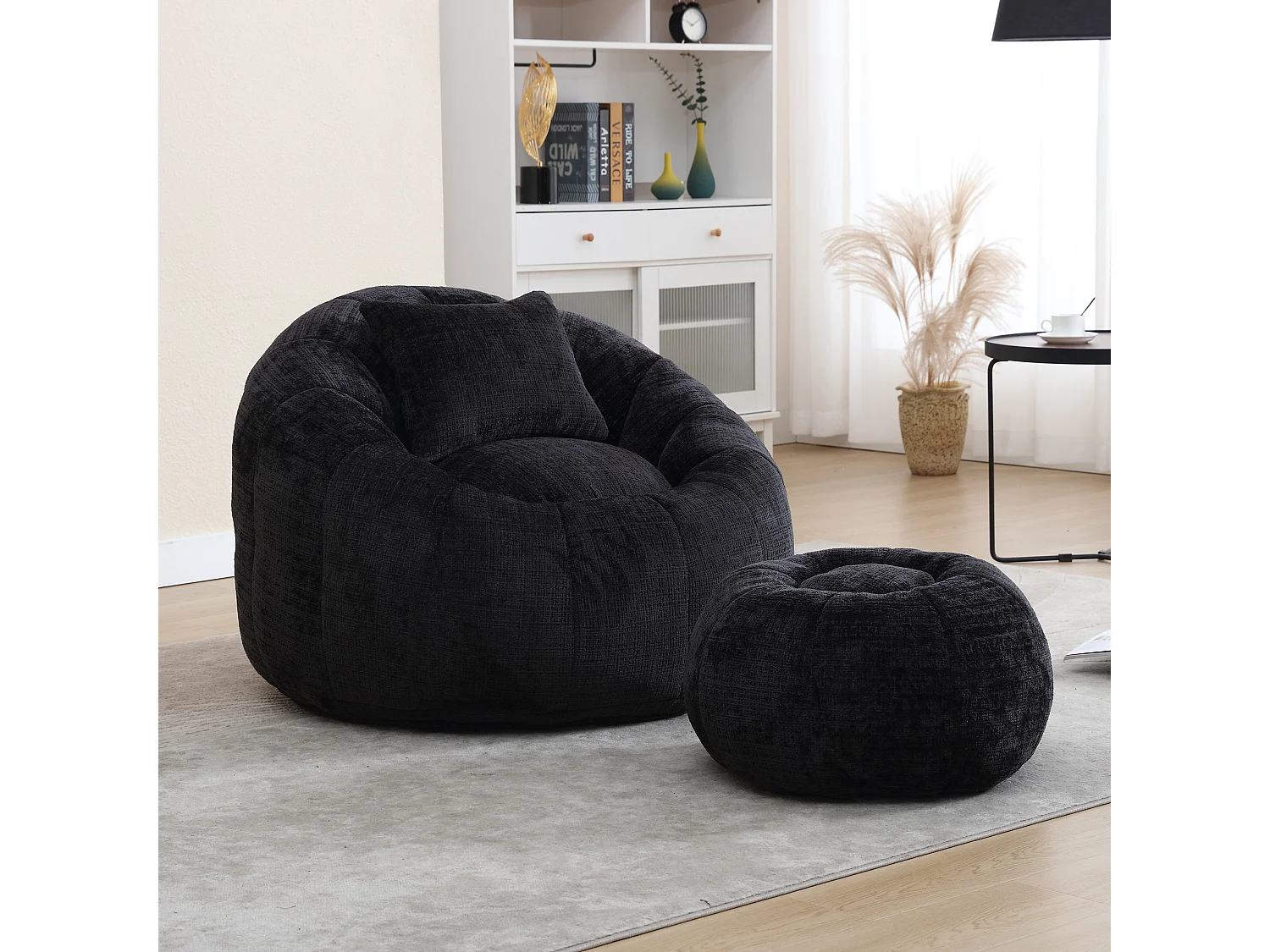 Fauteuil poire rotatif rond en chenille, avec pouf, rempli de mousse à mémoire haute densité, fauteuil paresseux pour salon, chambre, noir