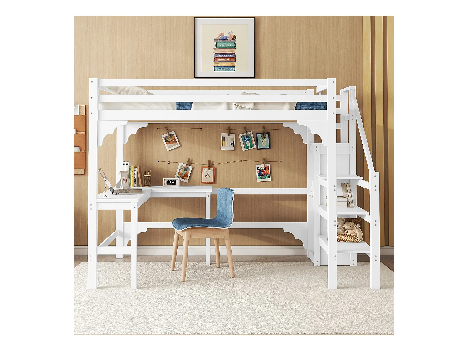 Lit mezzanine 140x200cm, lit enfant, bureau en L, armoire ouverte, pin, blanc