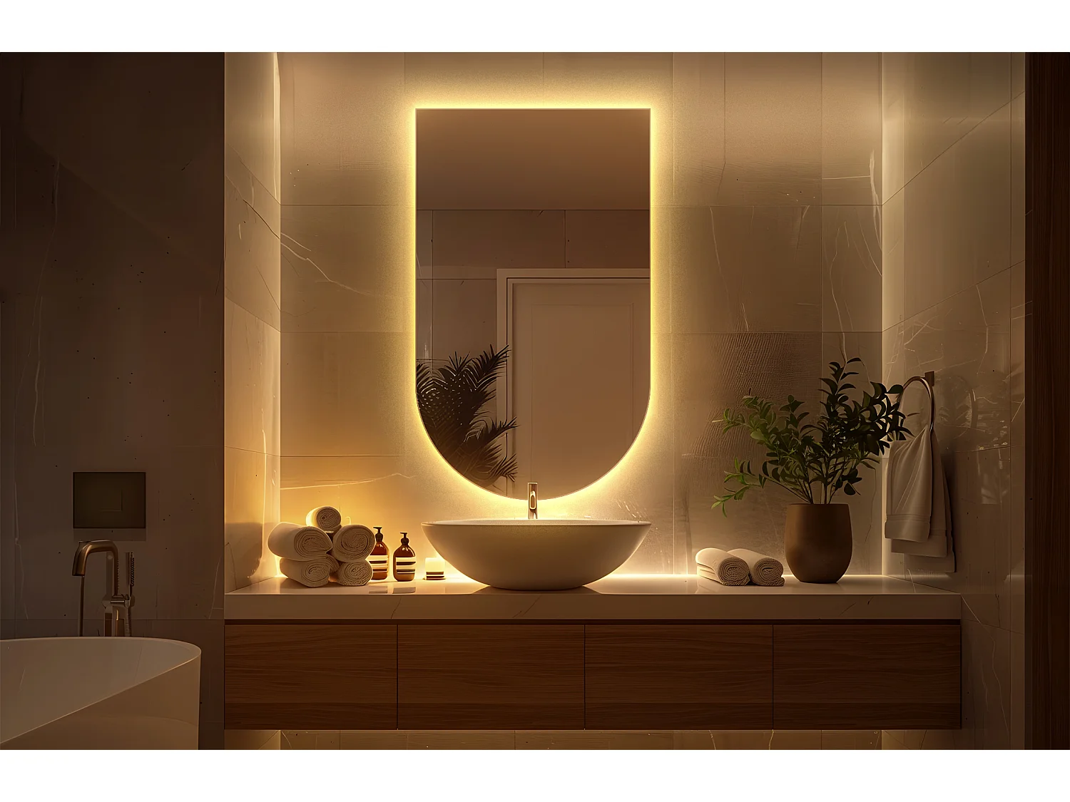 Miroir irrégulier Semi-Ovale 45 x 80 cm LED Premium Suspendu pour le Salon - lumière chaude