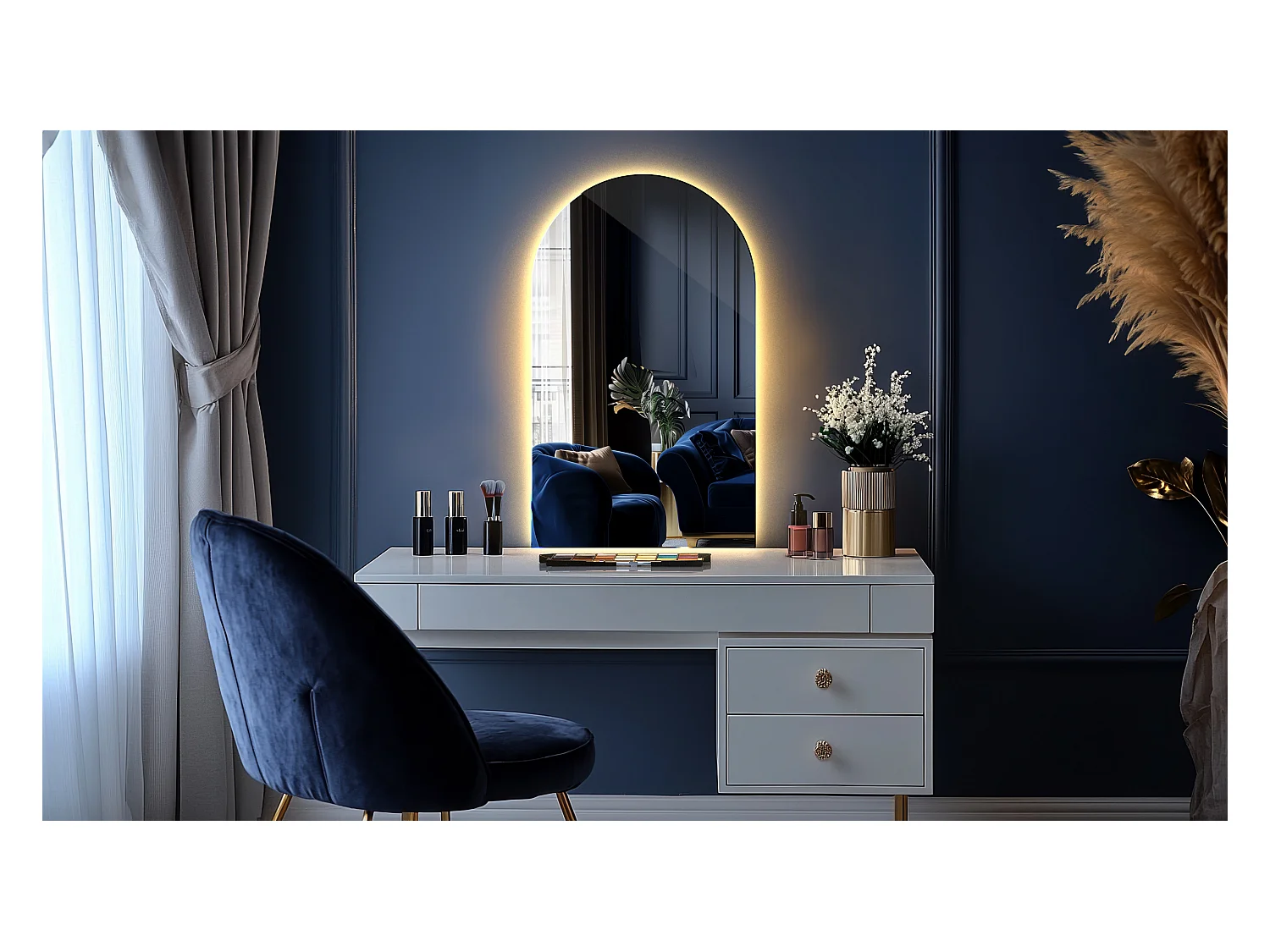 Miroir irrégulier Semi-Ovale 45 x 80 cm LED Premium Suspendu pour le Salon - lumière chaude
