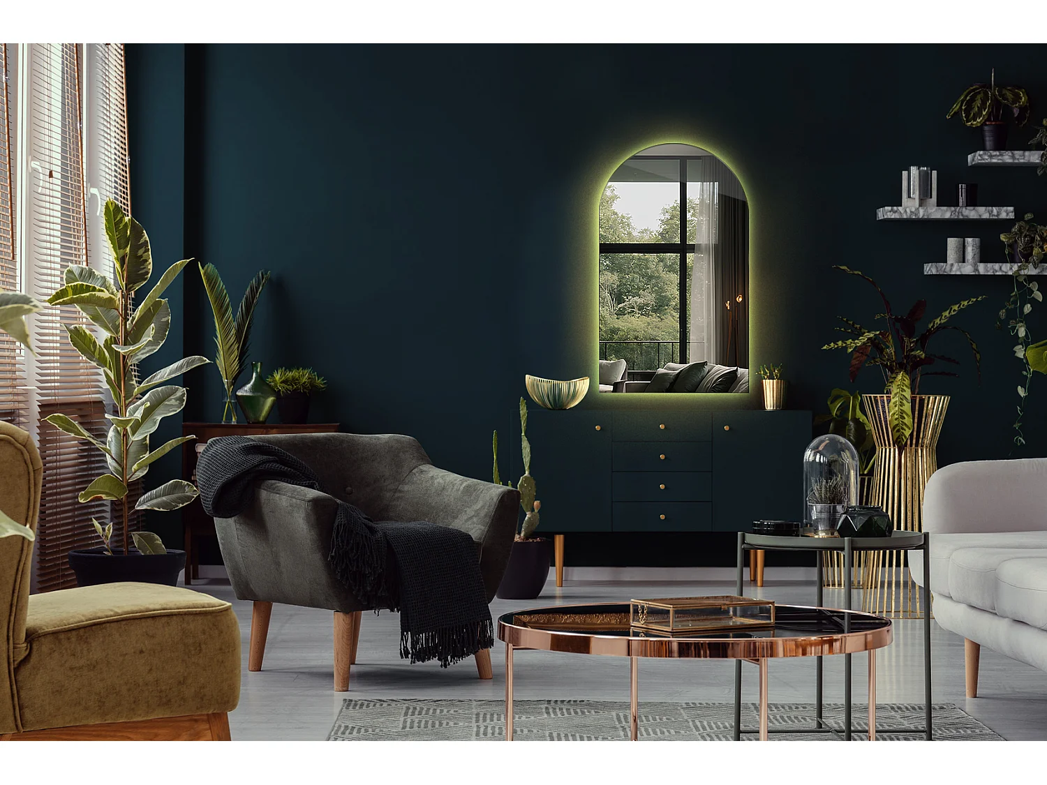 Unregelmäßiger halbovaler Spiegel 45 x 80 cm, LED-Premium-Hängespiegel für das Wohnzimmer – warmes Licht