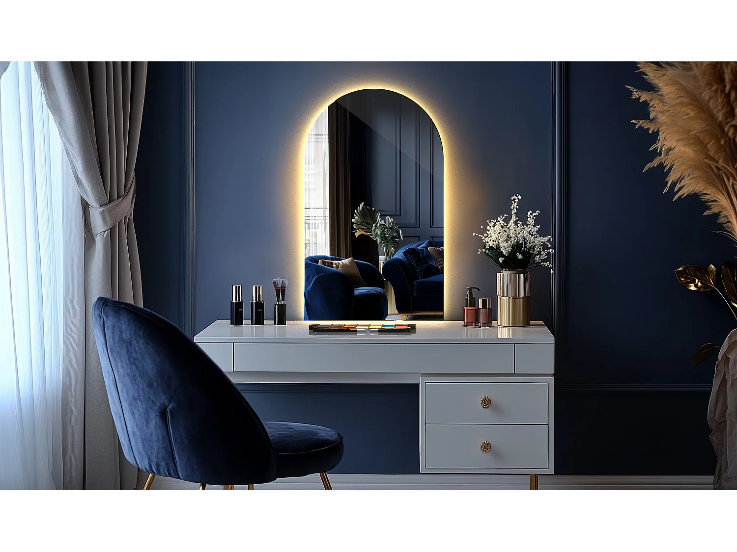 Unregelmäßiger halbovaler Spiegel 45 x 80 cm, LED-Premium-Hängespiegel für das Wohnzimmer – warmes Licht