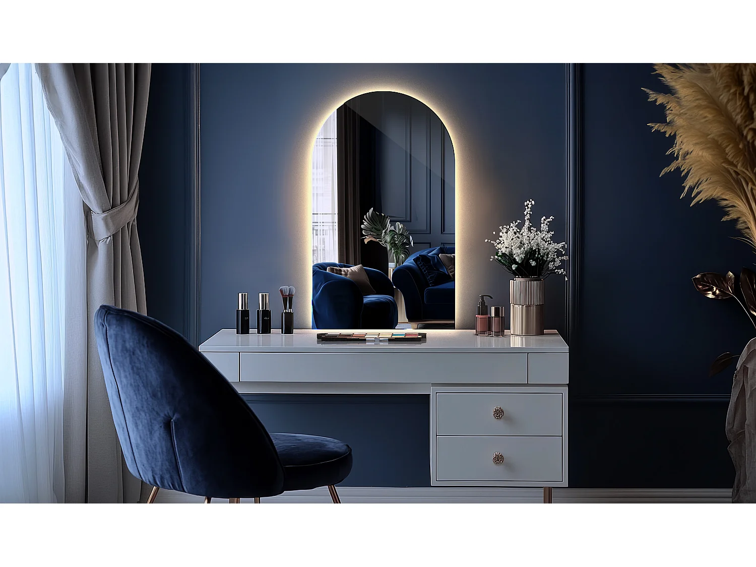 Minimalistischer unregelmäßiger halbovaler Spiegel 50 x 90 cm LED für das Badezimmer – neutrales Licht