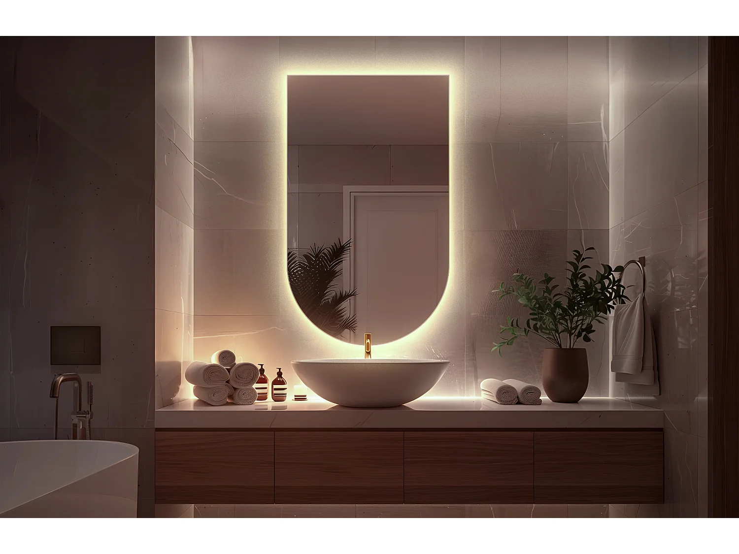 Miroir irrégulier Semi-Ovale 45 x 80 cm LED Premium Suspendu pour le Salon - lumière neutre