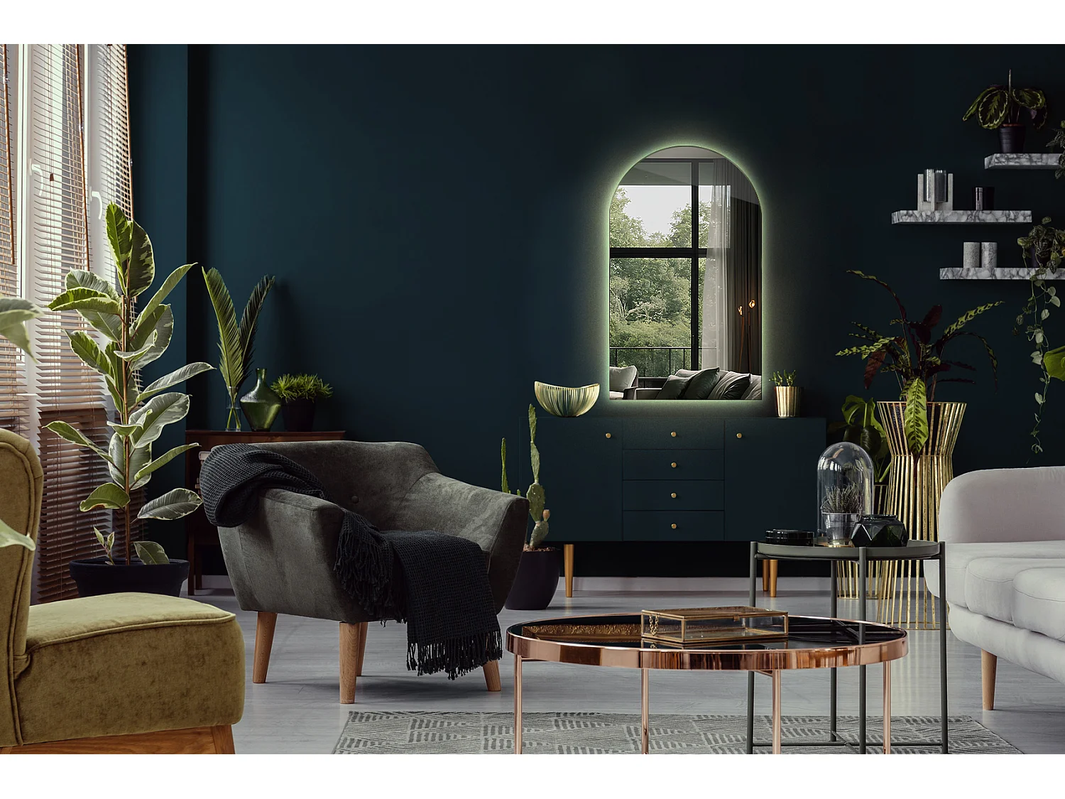 Miroir irrégulier Semi-Ovale 45 x 80 cm LED Premium Suspendu pour le Salon - lumière neutre