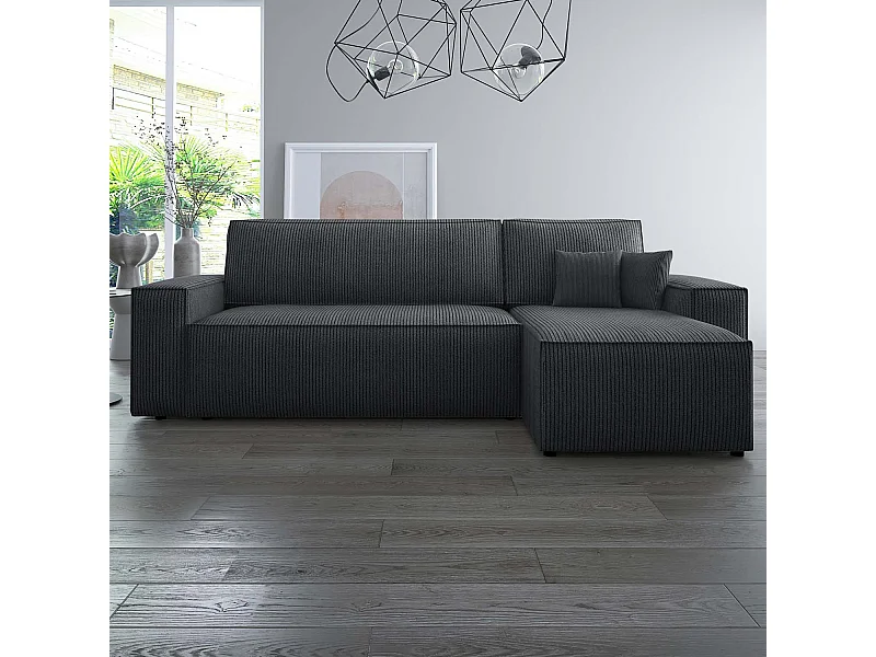 Canapé d'angle convertible réversible Lorenzo en velours côtelé Noir